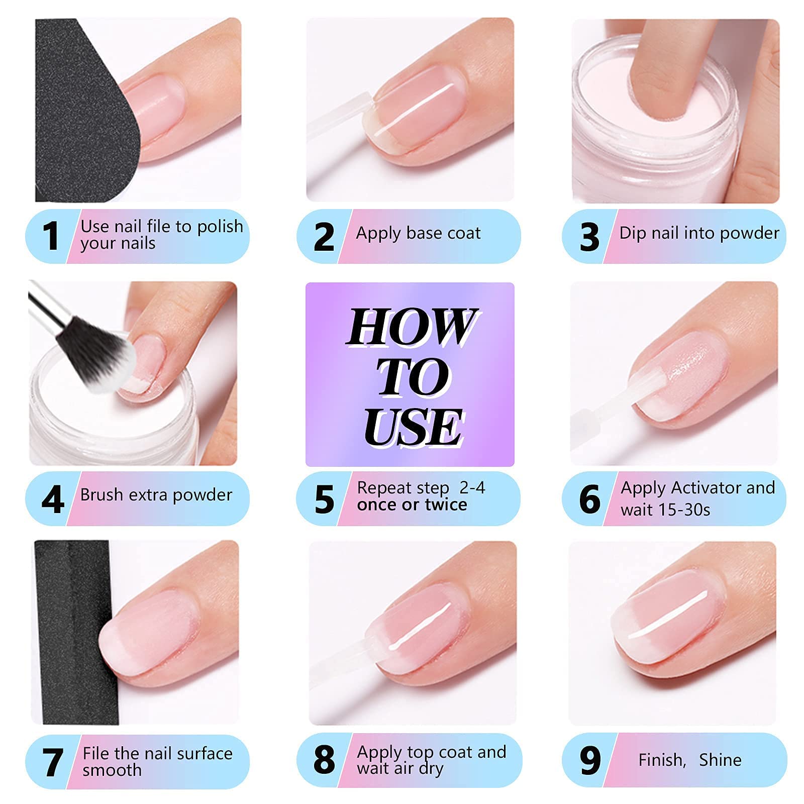 Wakaniya Dip Powder Nail Kit - 8 Colors Glitter Purple Galaxy Nail Powder Set with Base & Top Coat, Nail Remover Pads | Complete Starter Kit for Beginners | Perfect for Home Manicures, Salon-Quality Nails & DIY Nail Art