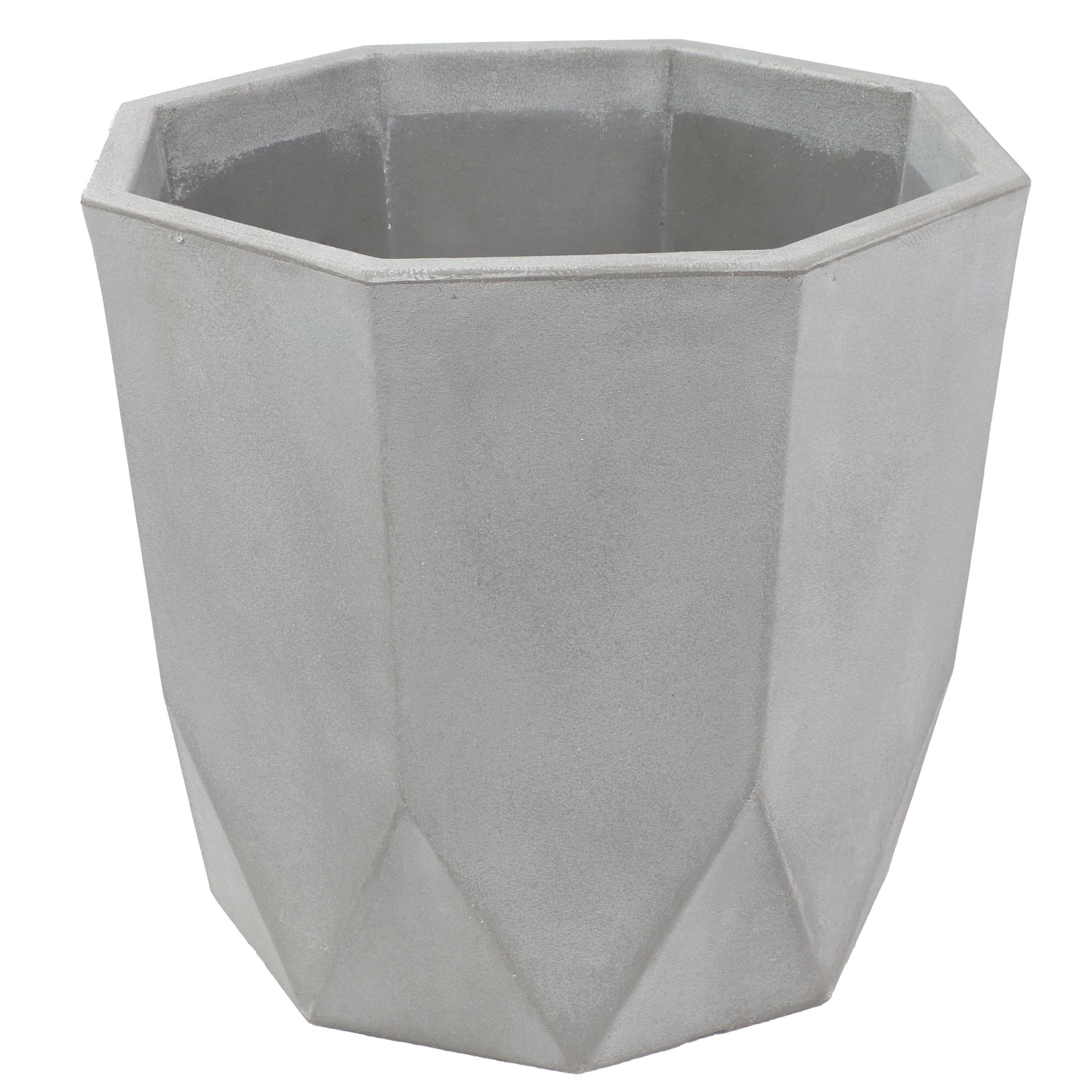 Modern Faceted Polyresin Planter - Light Gray Indoor/Outdoor Flower Pot - 14.75 Inch Decorative Garden Planter for Home, Patio, and Office Decor