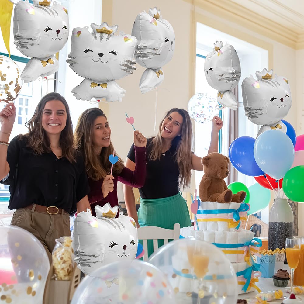 6 Pack 27'' White Cartoon Kitten Cat Balloons - Mylar Foil Helium Balloons for Kids Birthday Parties, Baby Showers & Animal Themed Decorations | Perfect for Indoor/Outdoor Party Decor, Photo Backdrops & Celebration Events