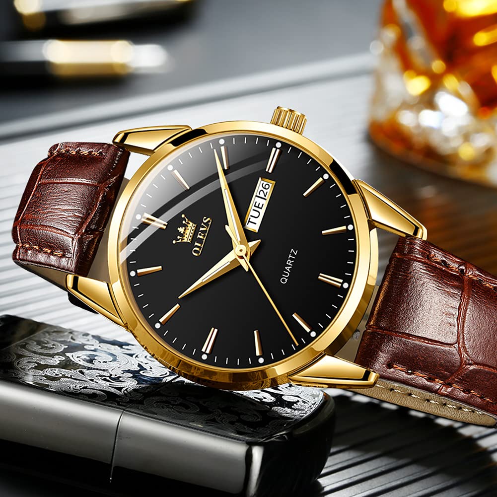 OLEVS Men's Brown Leather Watch with Luminous Hands, Day Date Display, Rose Gold Case - Waterproof Quartz Dress Watch for Business & Casual Wear