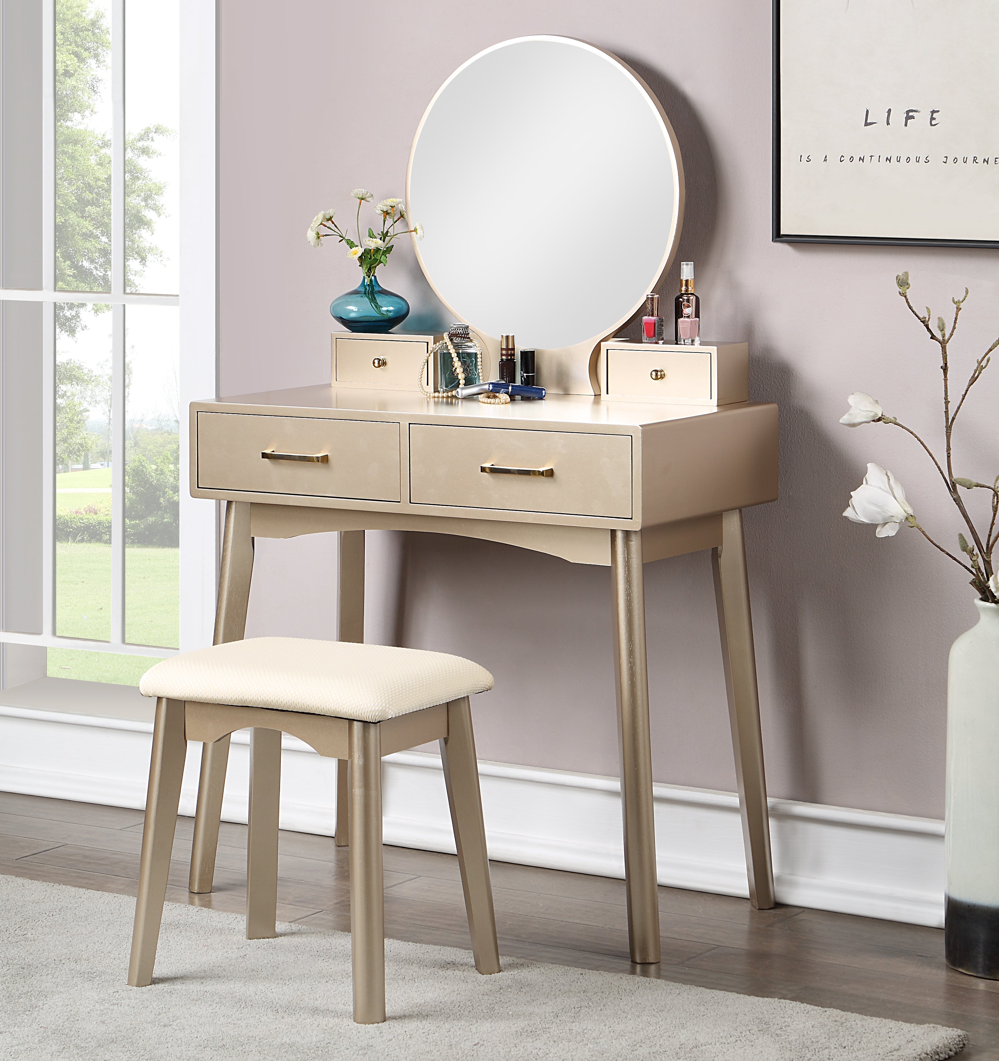 Roundhill Furniture Liannon Contemporary Wood Vanity Set with Stool - Gold Finish Modern Dresser for Bedroom & Bathroom | Perfect for Makeup, Jewelry Storage & Home Decor
