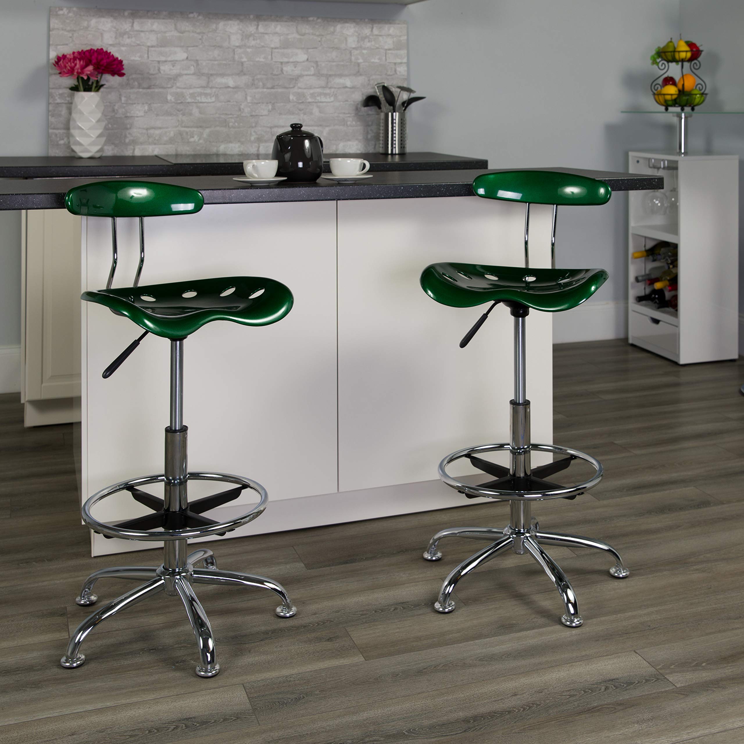 Flash Furniture Bradley Vibrant Green & Chrome Drafting Stool with Tractor Seat - Adjustable Height Office Stool for Drafting Table, Bar Counter, or Home Office Workspace