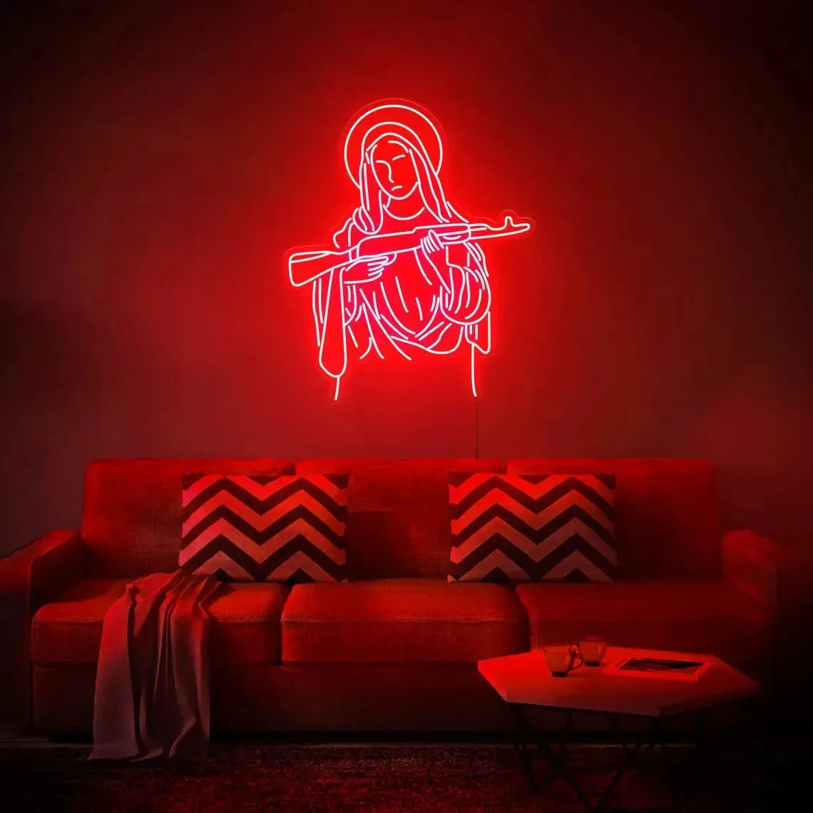 CHUANGQI Virgin Mary & AK47 Neon Sign Light - 42x47cm USB Powered Wall Art for Home, Bar, Party & Club Decor - Unique Blessed Gift for Christmas & Birthday