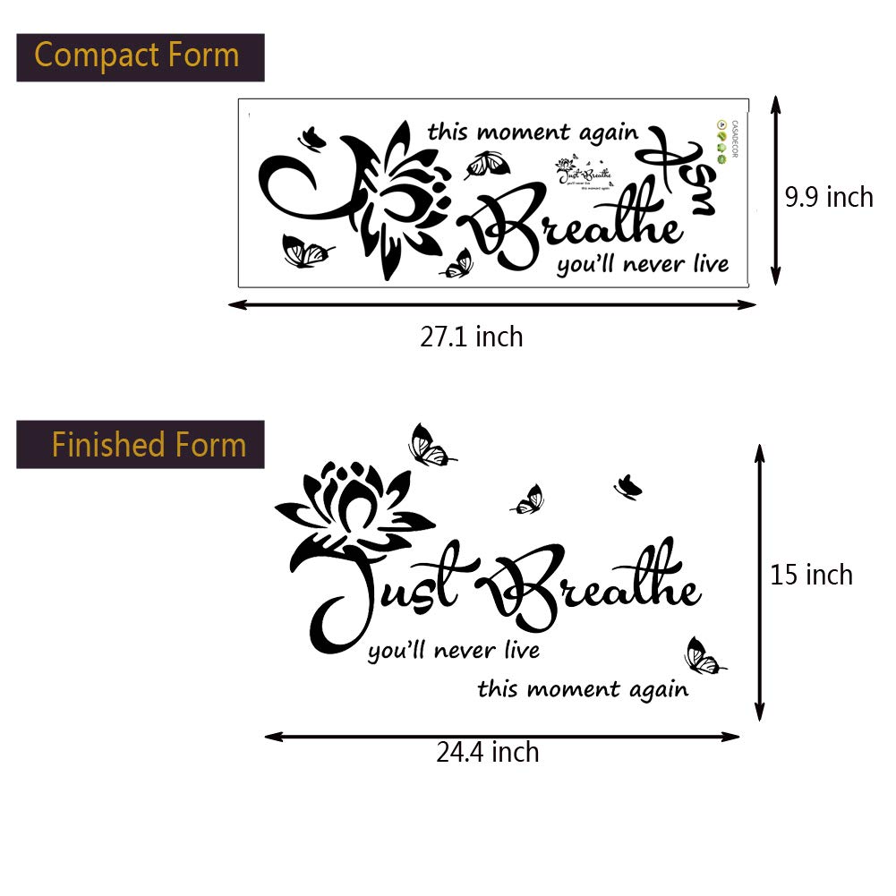 Vinyl Wall Stickers - Inspirational Just Breathe Quote Decals for Living Room, Bedroom, Nursery & Yoga Space - Waterproof Home Wall Art Decor for Relaxation & Meditation Areas