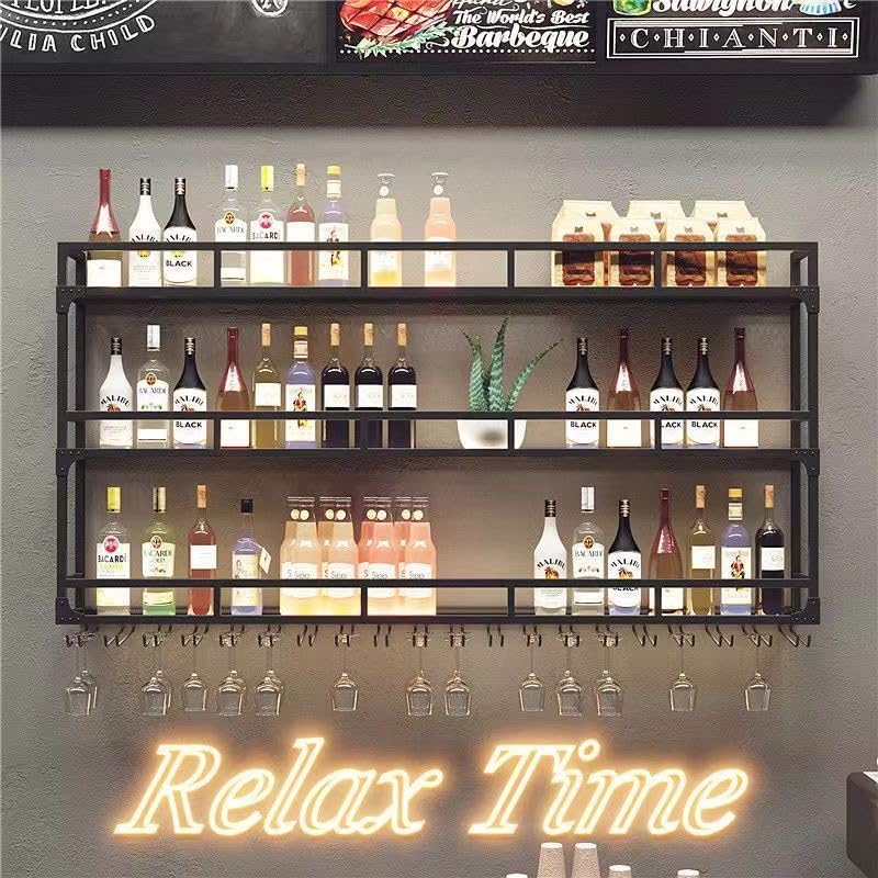 31 Inch Black Metal Wall Mounted Wine Rack with LED Lights - 3-Tier Bar Shelf for Liquor Bottles, Hanging Mugs & Wine Glasses - Perfect for Home Bars, Kitchen Decor & Entertaining Spaces