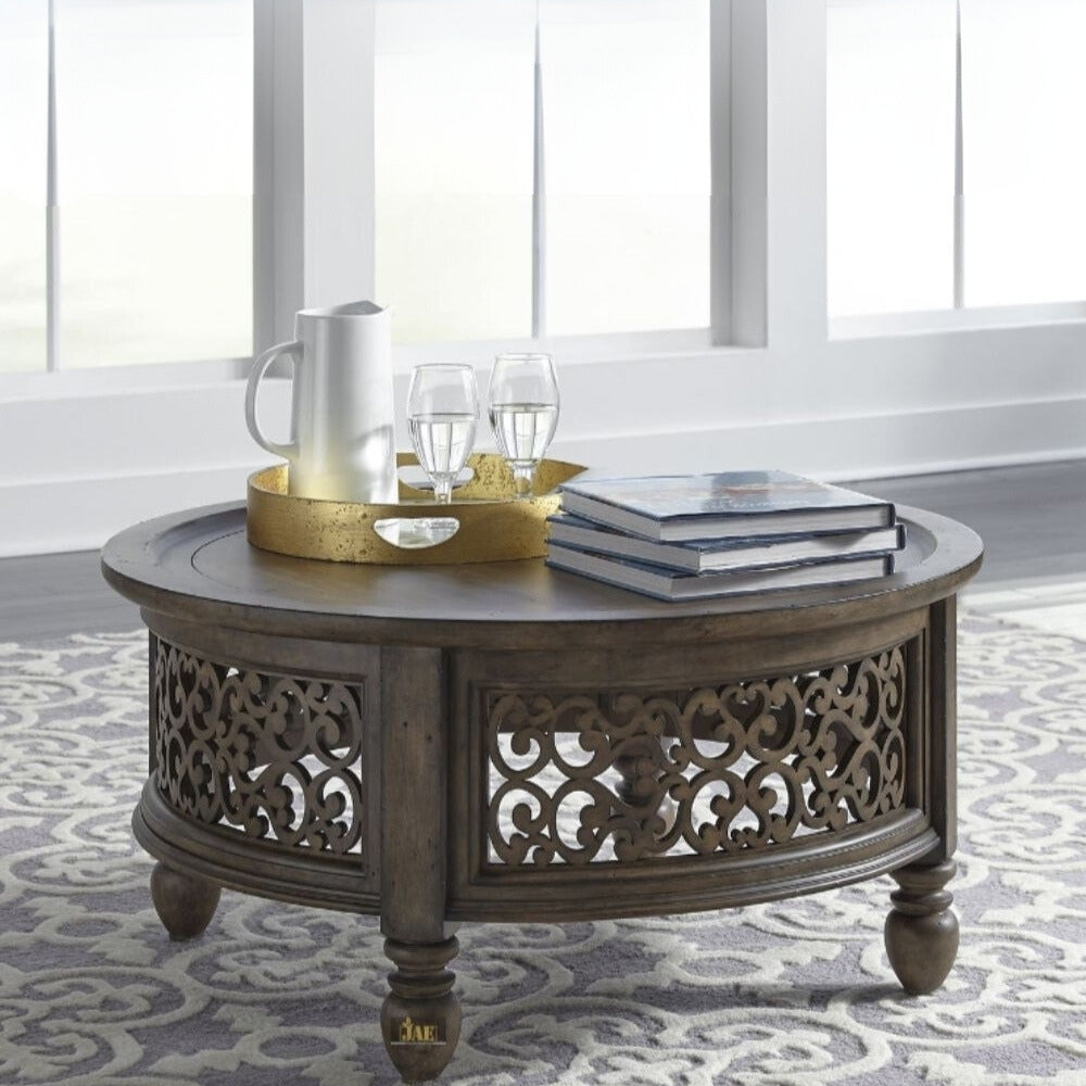 Handmade Carved Mango Wood Round Coffee Table with Jali Work - Walnut Finish - Rustic Boho Living Room Furniture for Home Decor