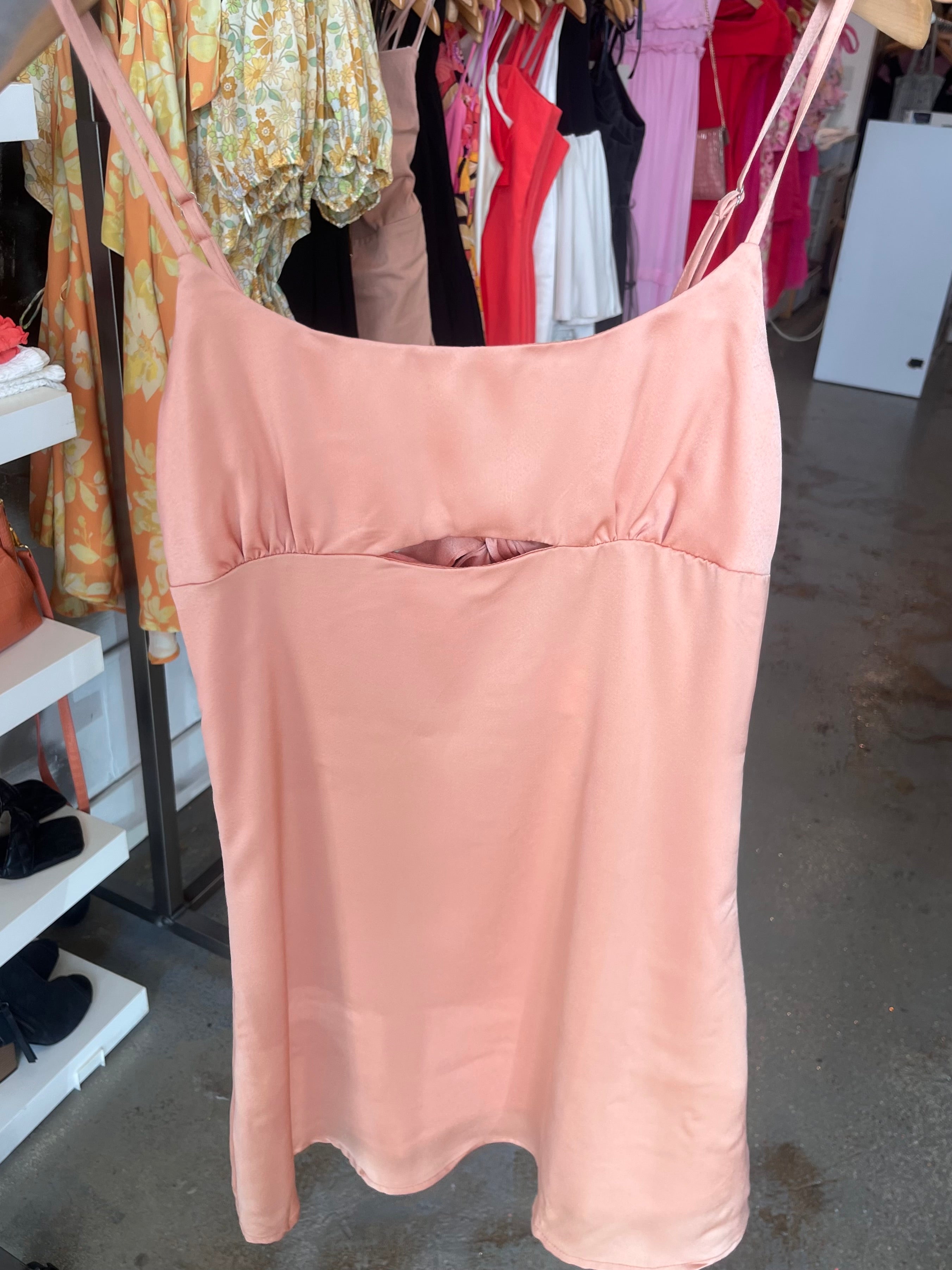Astrid Satin Mini Dress with Tie Back & Cut Out Detail in Peach - Perfect for Date Nights & Cocktail Parties
