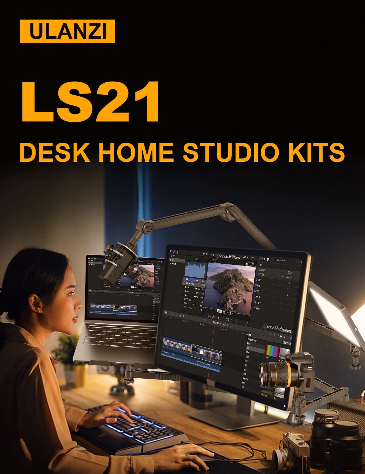 LS21 Adjustable Desktop Camera Arm Stand - Overhead Mount for Webcam, DSLR, Ring Light & Microphone | Flexible Boom Arm with Laptop Stand & 2 Extension Magic Arms | Perfect for Streaming, Video Calls, Photography & Content Creation