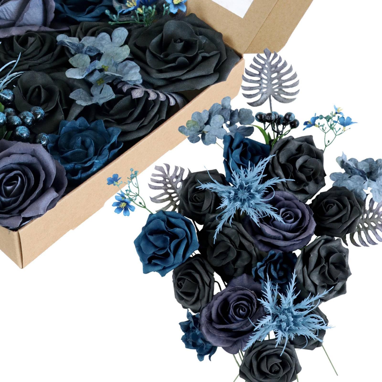 Blue and Black Artificial Rose Flower Box - Wedding Bouquet, Bridal Shower, Party Decor, Valentine's Day Gift - Perfect for Home Decoration, Wedding Centerpieces & Photo Frame Ornamental Flowers