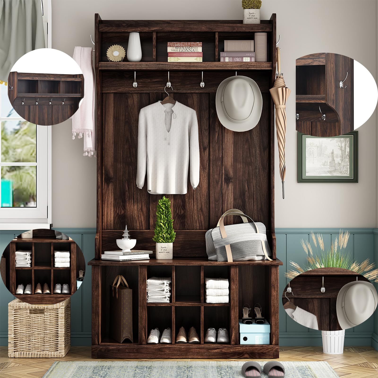 Hall Tree with Storage Bench & Coat Rack - 6 Hooks & Adjustable Shelf, Entryway Shoe Organizer for Hallway, Foyer, Porch - Perfect for Small Spaces & Home Organization (Brown)