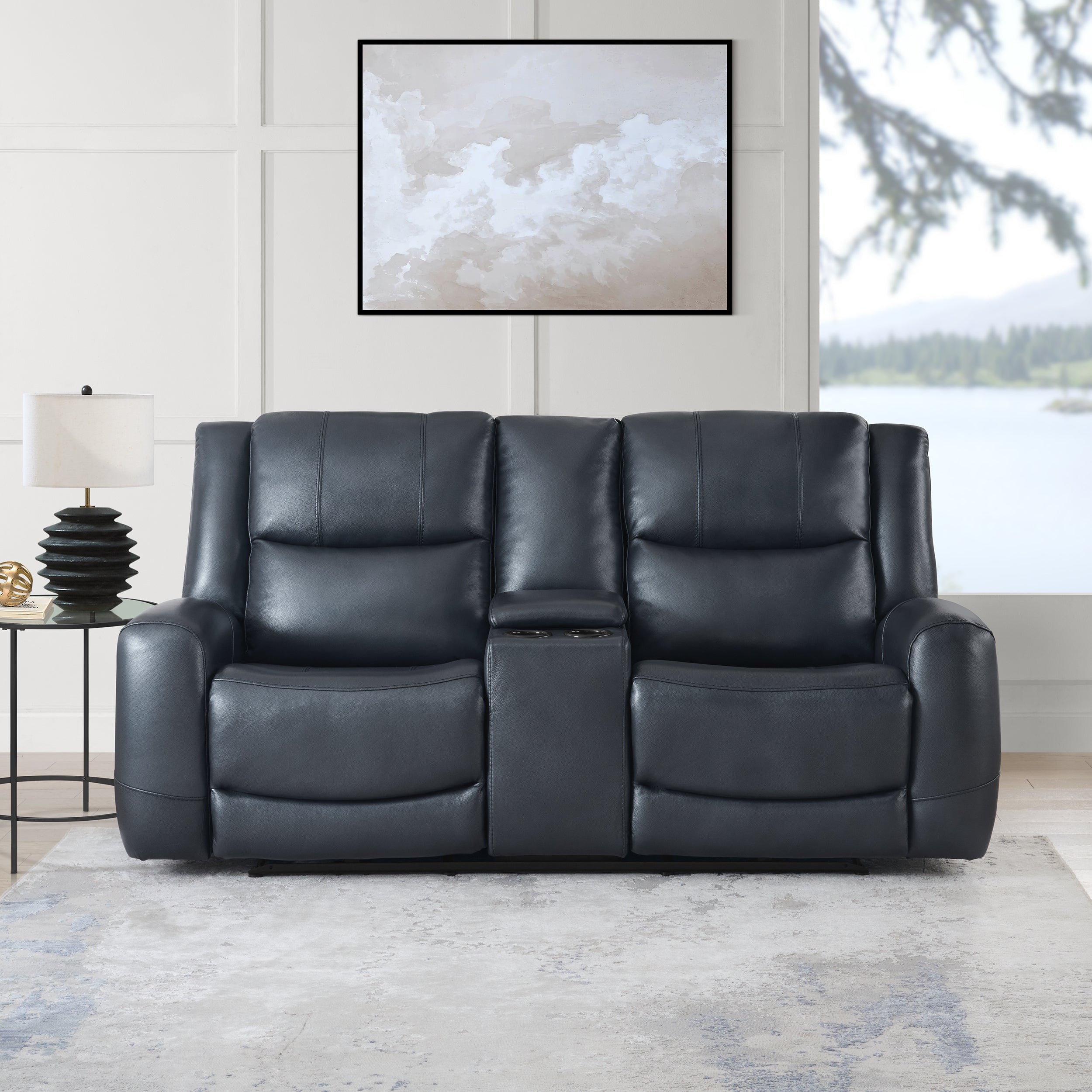 Roundhill Furniture Cozura Genuine Leather Power Reclining Loveseat with Console - Dual Motor, USB Charging & Cup Holders - Perfect for Living Room, Home Theater & Family Gatherings