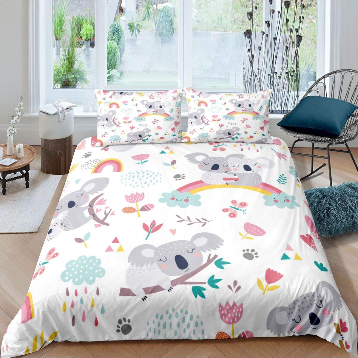Kids Koala Bedding Set - Cartoon Animal Rainbow Duvet Cover & Pillowcase 2Pcs Twin Size for Boys Girls | Soft Floral Print Comforter Cover | Cute Toddler Bedroom Decor | Perfect for Nursery, Kids Room & Sleepovers