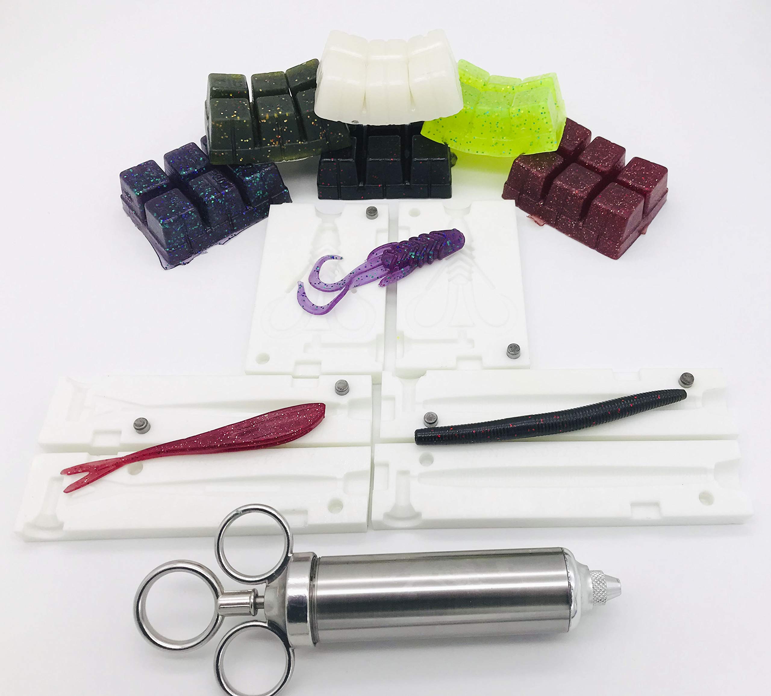 INJEX Vital BASS Lure Making Kit - 3 Soft Plastic Injection Fishing Lure Molds with Injector & 6 Resin Colors - DIY Bass Fishing Baits for Freshwater & Saltwater Anglers - Perfect for Crappie, Walleye, and Trout Fishing
