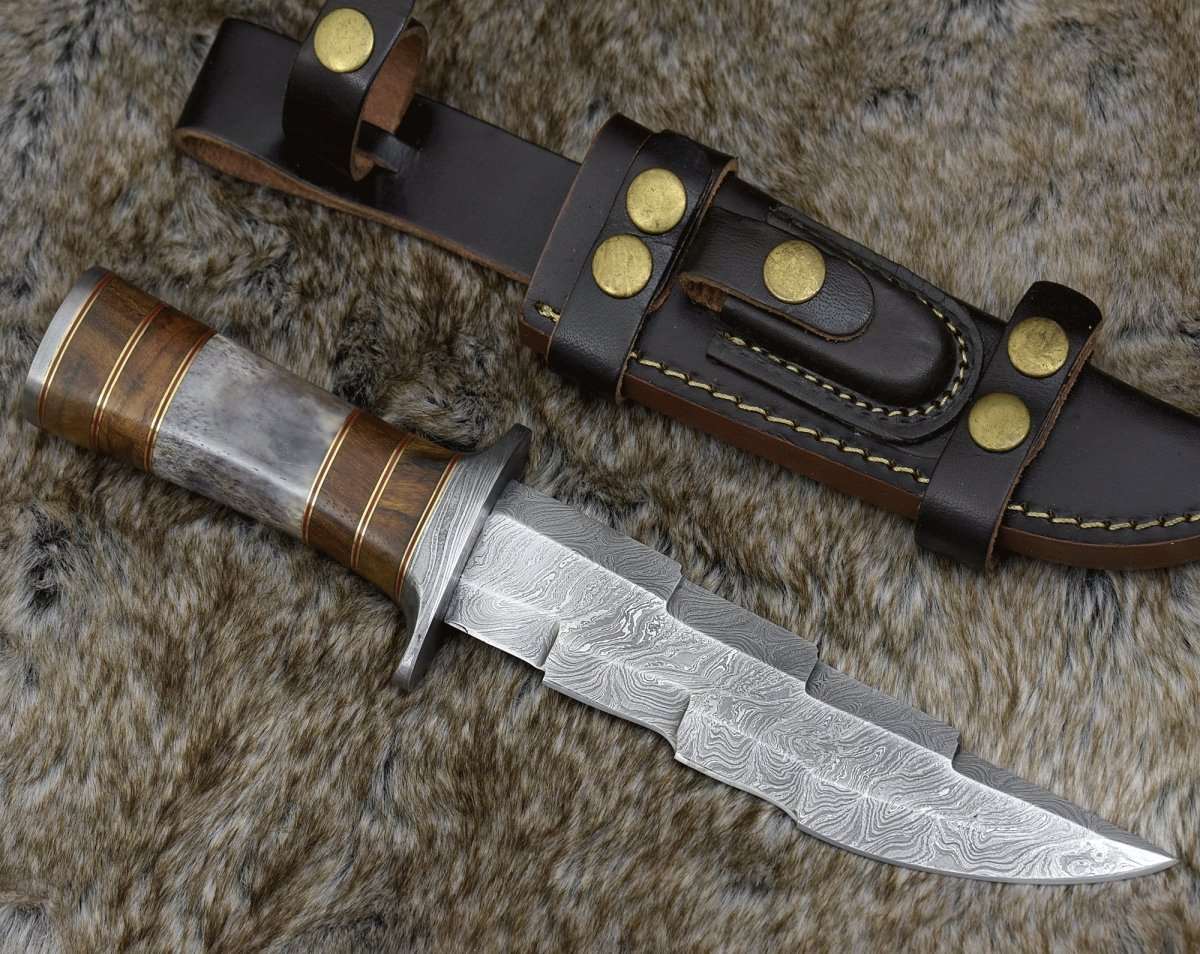 Premium Damascus Steel Hunting Bowie Knife with Exotic Rosewood & Bone Handle - Outdoor Survival, Camping, Hunting, and Bushcraft Essential