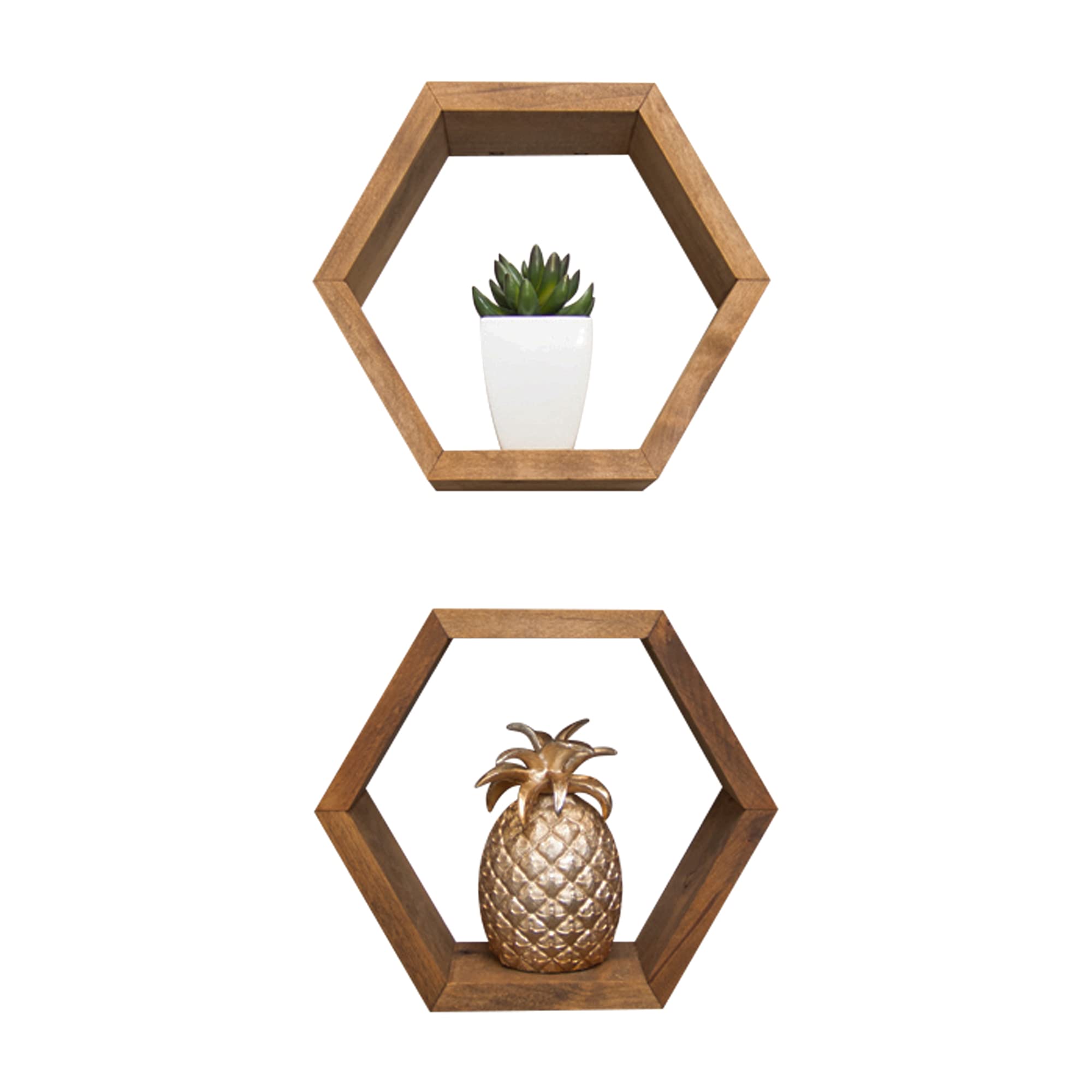 Hexagon Floating Wall Shelves - Farmhouse Style Solid Wood Decorative Bookshelves (2-Pack, Walnut, 10.13