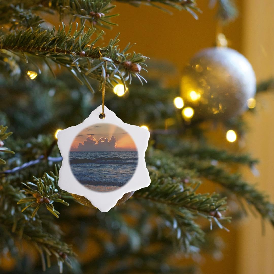 3-Inch Porcelain Snowflake Ornament - Tybee Island Beach at Sunrise, Georgia USA - Perfect for Christmas Tree Decor, Holiday Gifts & Coastal Home Decor