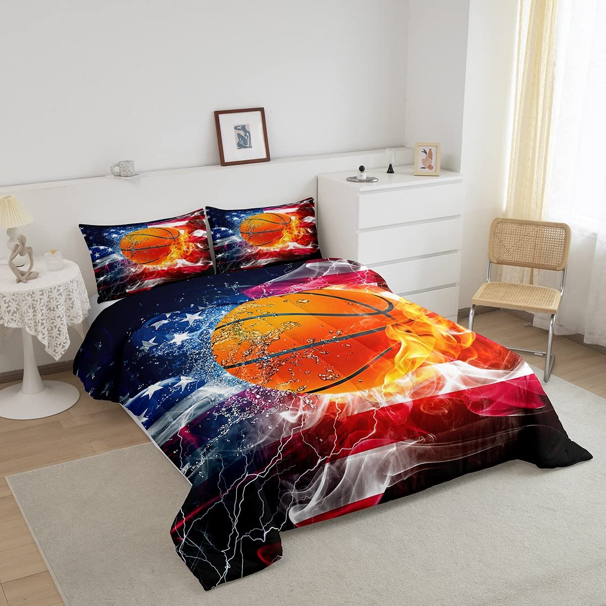 USA Flag Comforter Set - Water & Fire Lightning Basketball Theme Bedding | Red & White Striped Quilted Duvet with 2 Pillowcases - Queen Size for Adults & Teens | Perfect for Patriotic Bedrooms, Dorm Rooms & Sports Fans