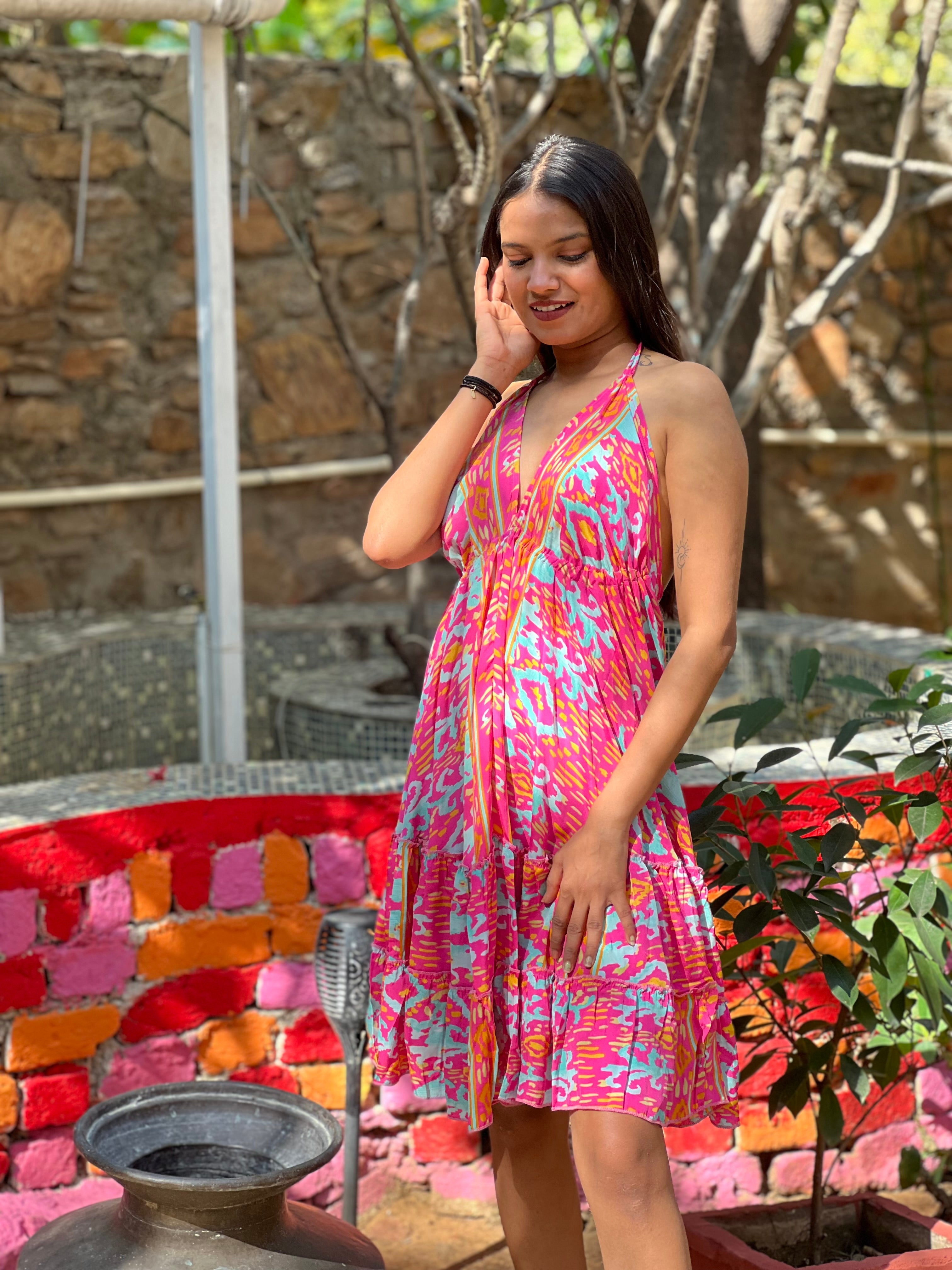 Short Double Frill Dress in Crazy Pink - Perfect for Parties, Dates & Summer Outfits