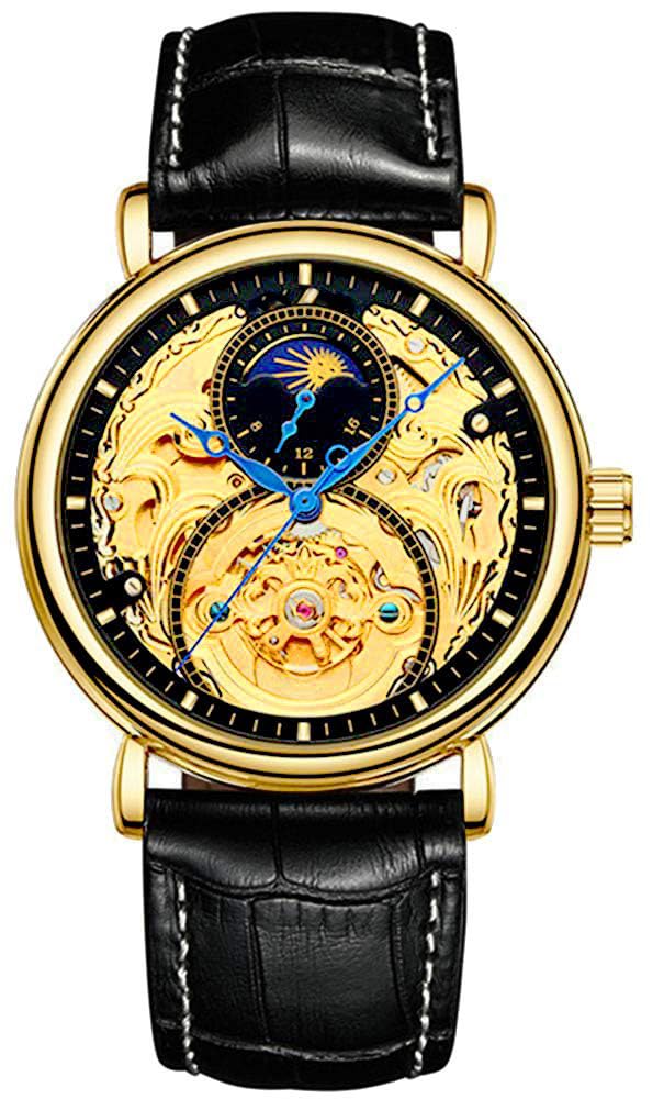 Carlien Men's Automatic Watch Gold Tourbillon Skeleton Moon Phase Waterproof Stainless Steel Wristwatch for Business, Formal & Casual Wear
