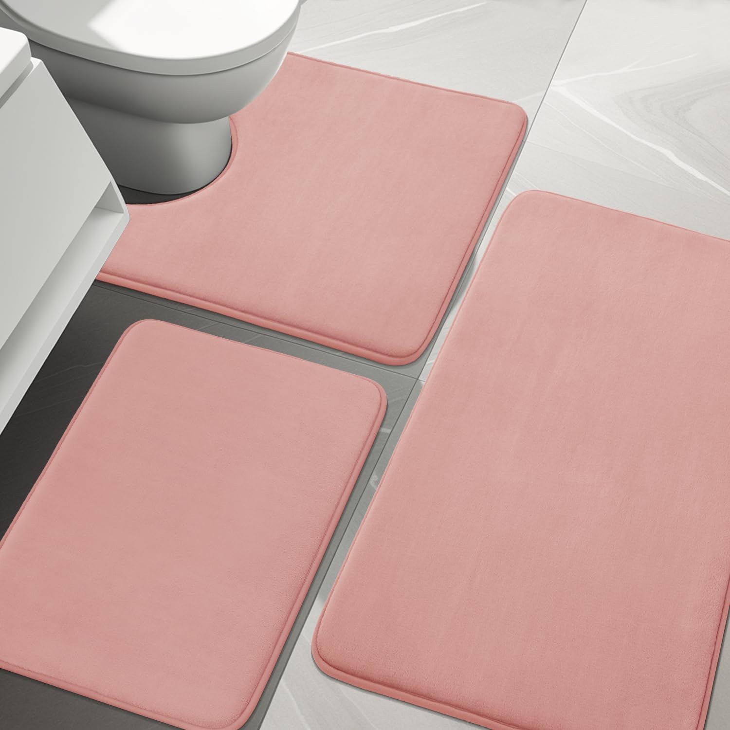 YIHOUSE 3-Piece Memory Foam Bathroom Rug Set - Non-Slip, Super Absorbent, Soft & Machine Washable Bath Mats for Sink, Tub, Shower & Toilet - Perfect for Bathroom Safety & Comfort (Pink)