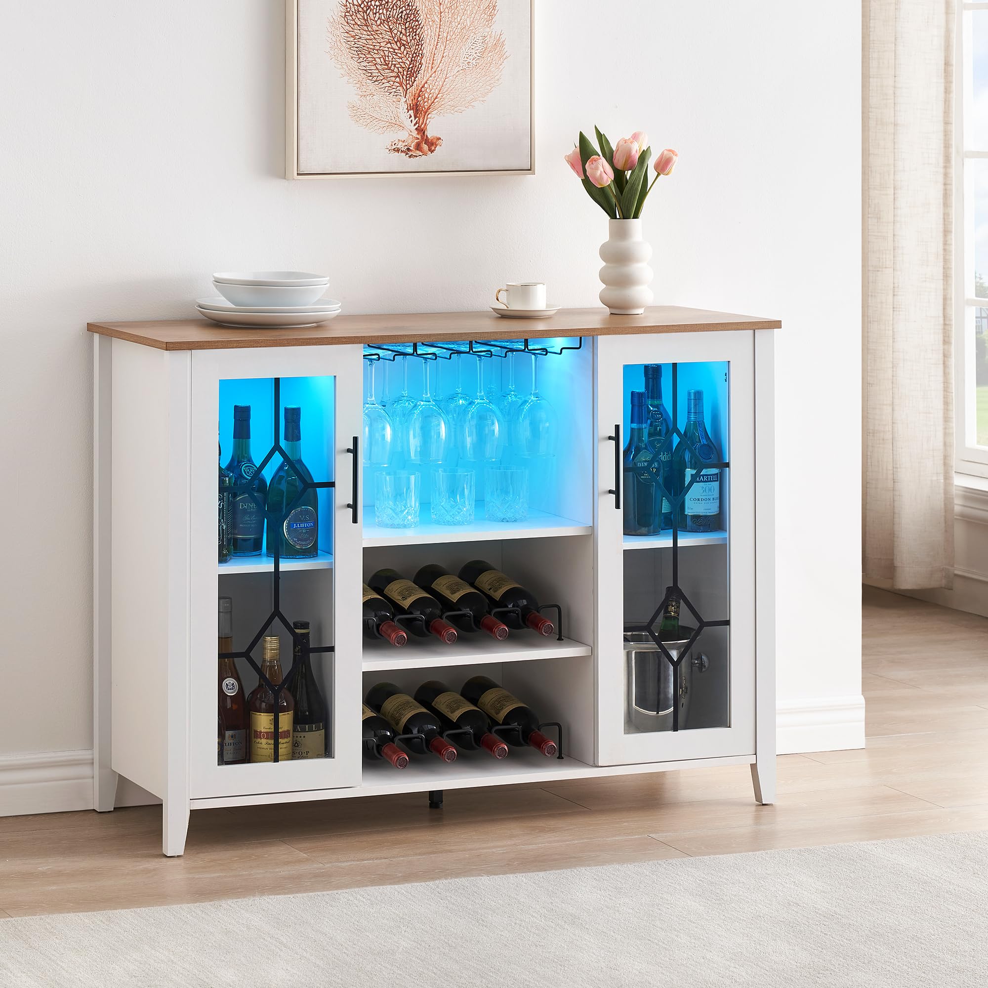 IDEALHOUSE Antique White Wine Bar Cabinet with LED Lights - Home Coffee Station with Wine Glass Rack, Kitchen Buffet Sideboard Storage Cabinet - Perfect for Bar, Dining Room & Kitchen Decor | Modern Home Entertaining & Storage Solution