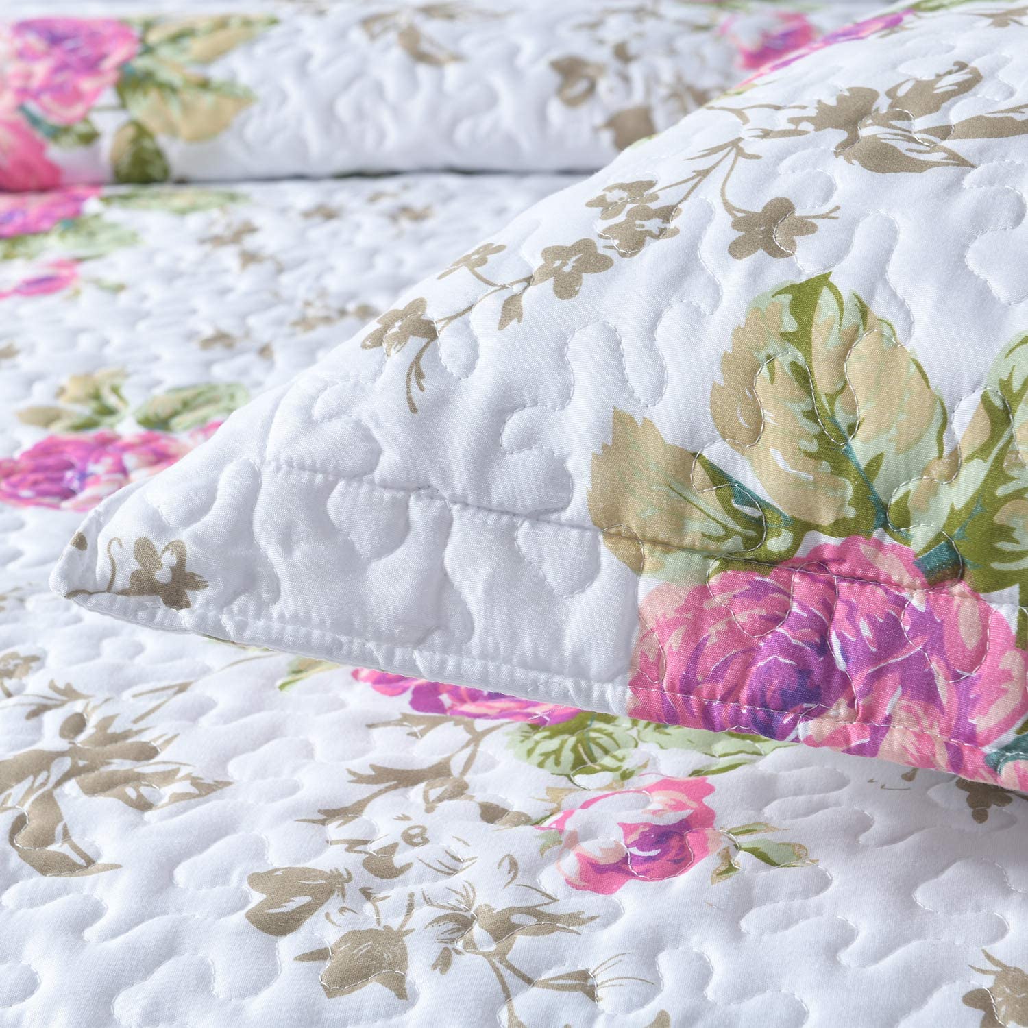 Boryard 3-Piece Full/Queen Quilt Set - Lightweight Soft Bedspread Coverlet (90x90 Inches) with 2 Pillow Shams (20x26 Inches) - Rose Floral Print Bedding for Cozy Bedroom Decor & Guest Room Essentials