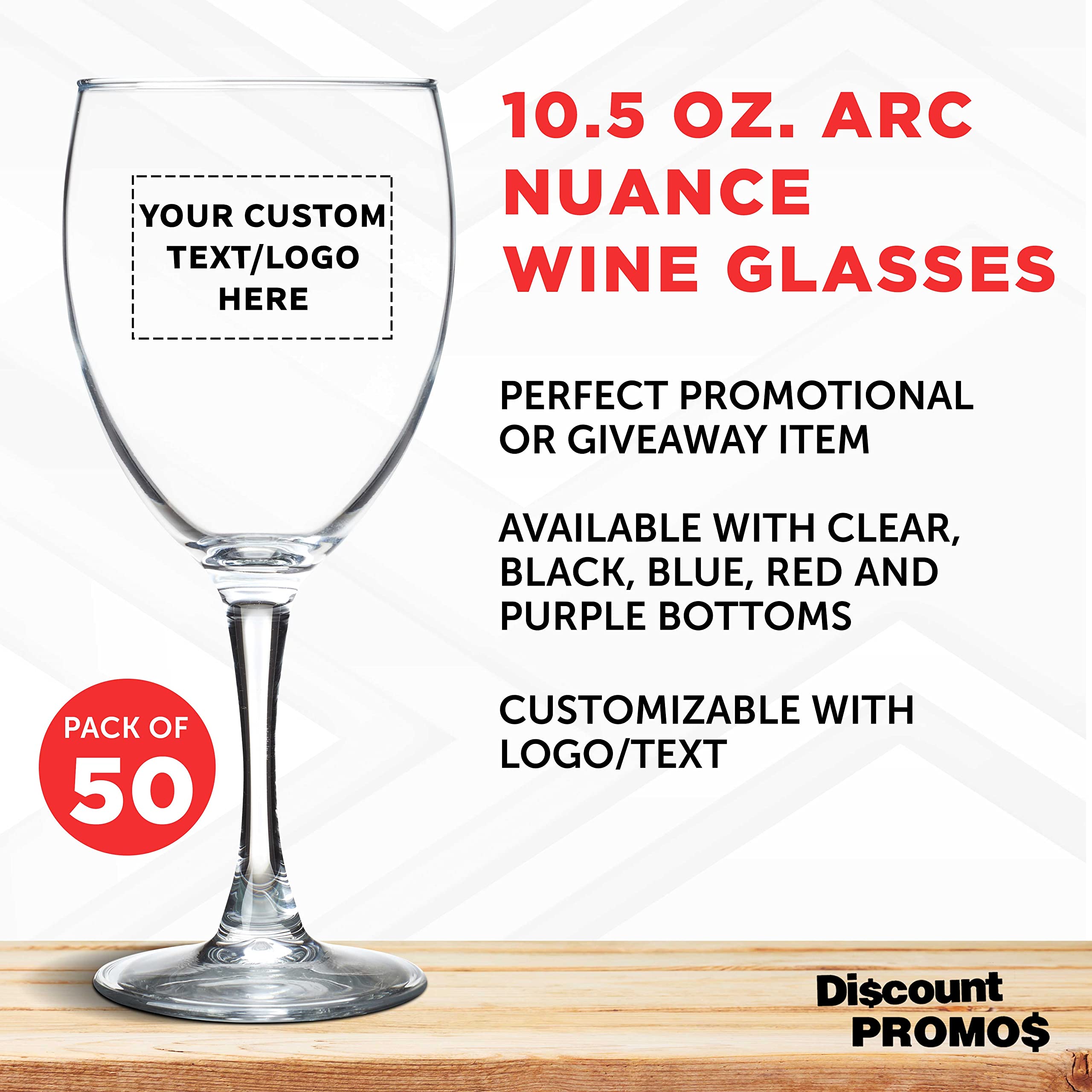 ARC 10.5 oz Custom Nuance Wine Glasses - Set of 50 Bulk Pack, Personalized Restaurant Glassware for Red Wine, White Wine & Cocktails - Clear Crystal Stemware - Perfect for Weddings, Bars, Catering & Fine Dining
