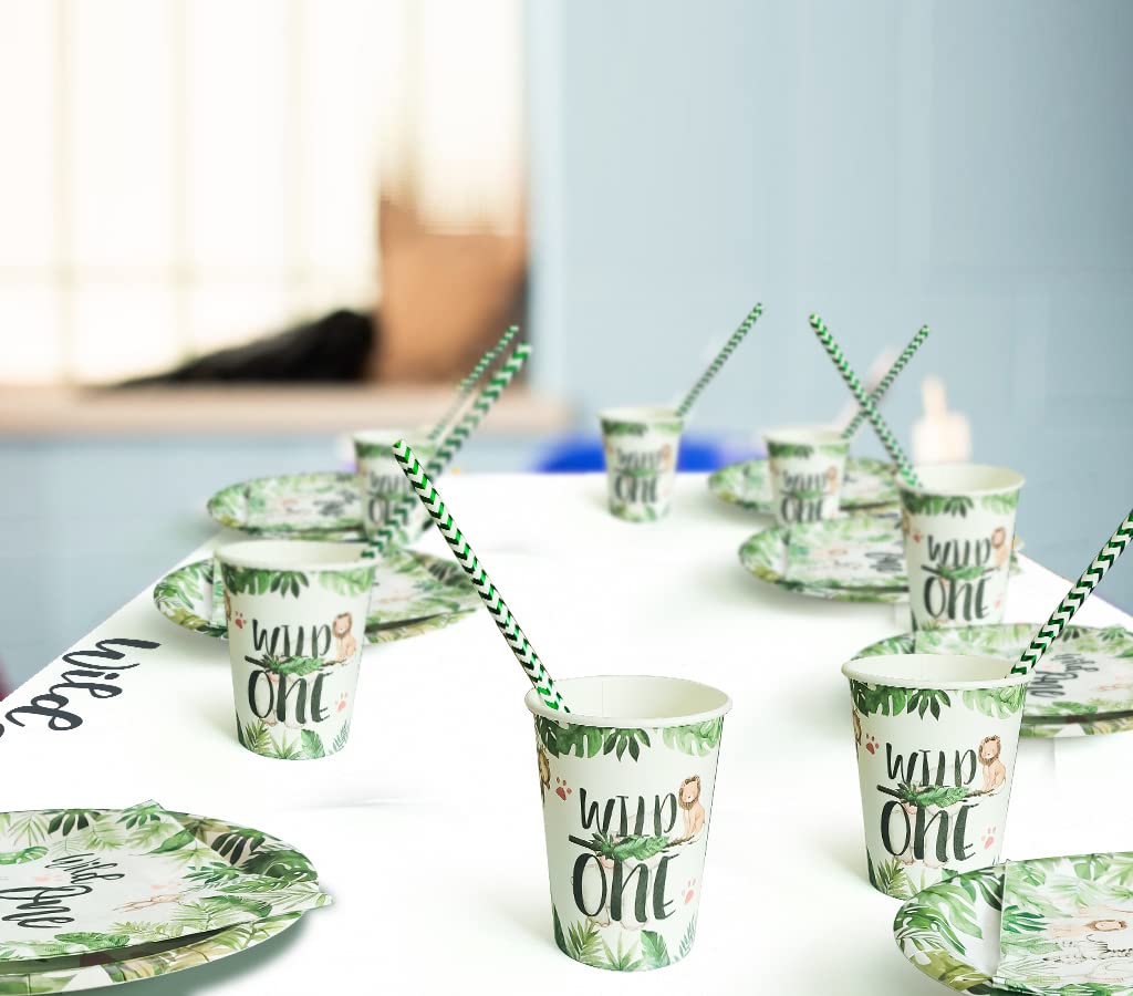 Wild One Birthday Party Supplies - Safari Animal Jungle Theme Tableware Set (Plates, Cups, Napkins, Tablecloth, Straws, Cutlery) for 24 Guests - Perfect for Baby Shower, 1st Birthday & Jungle Themed Parties
