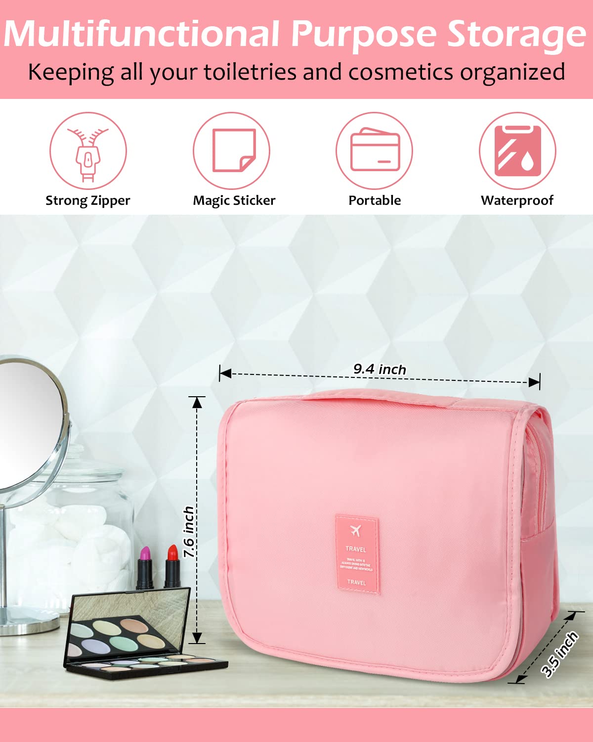 Waterproof Hanging Makeup Bag for Women - Travel Toiletry Organizer with Clear Window & Hook | Cosmetic Storage for Bathroom, Shower & On-the-Go | Pink Travel Accessories