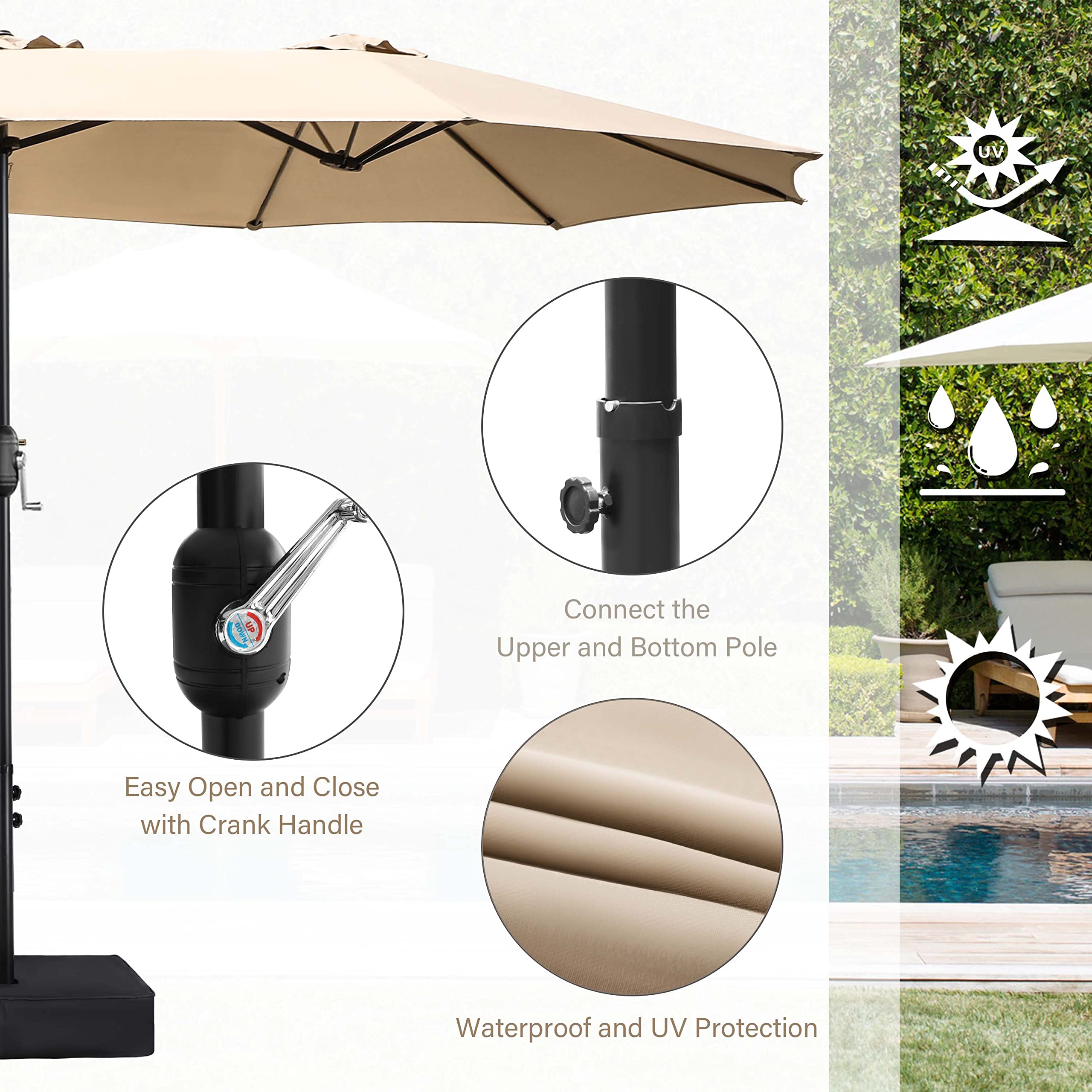 15 FT Large Outdoor Patio Umbrella - Sun Shade for Backyard, Pool, Deck & Garden | Perfect for Outdoor Dining, Lounging & Poolside Relaxation