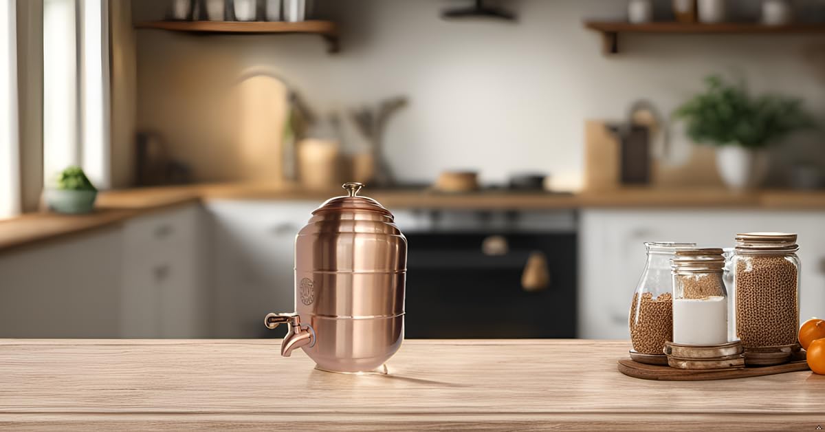 100% Pure Copper Water Dispenser Storage Tank Pot with Stainless Steel Faucet & Lid - 1.32 Gal (5L) Healthy Organic Water Container for Yoga, Meditation & Home Wellness