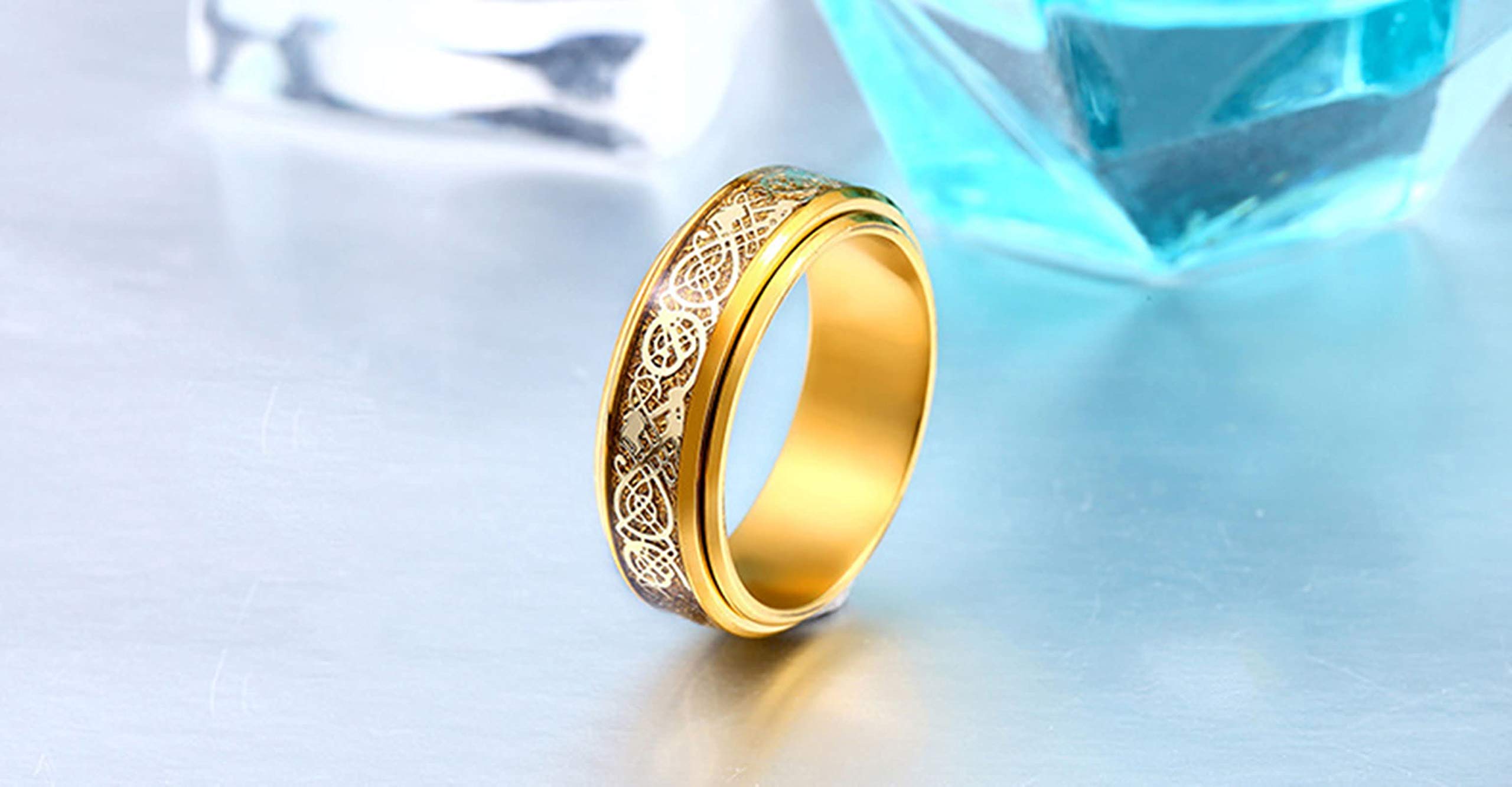 Men's Stainless Steel Gold Dragon Pattern Engagement Ring - Size R 1/2 - Perfect for Weddings, Proposals & Anniversary Gifts