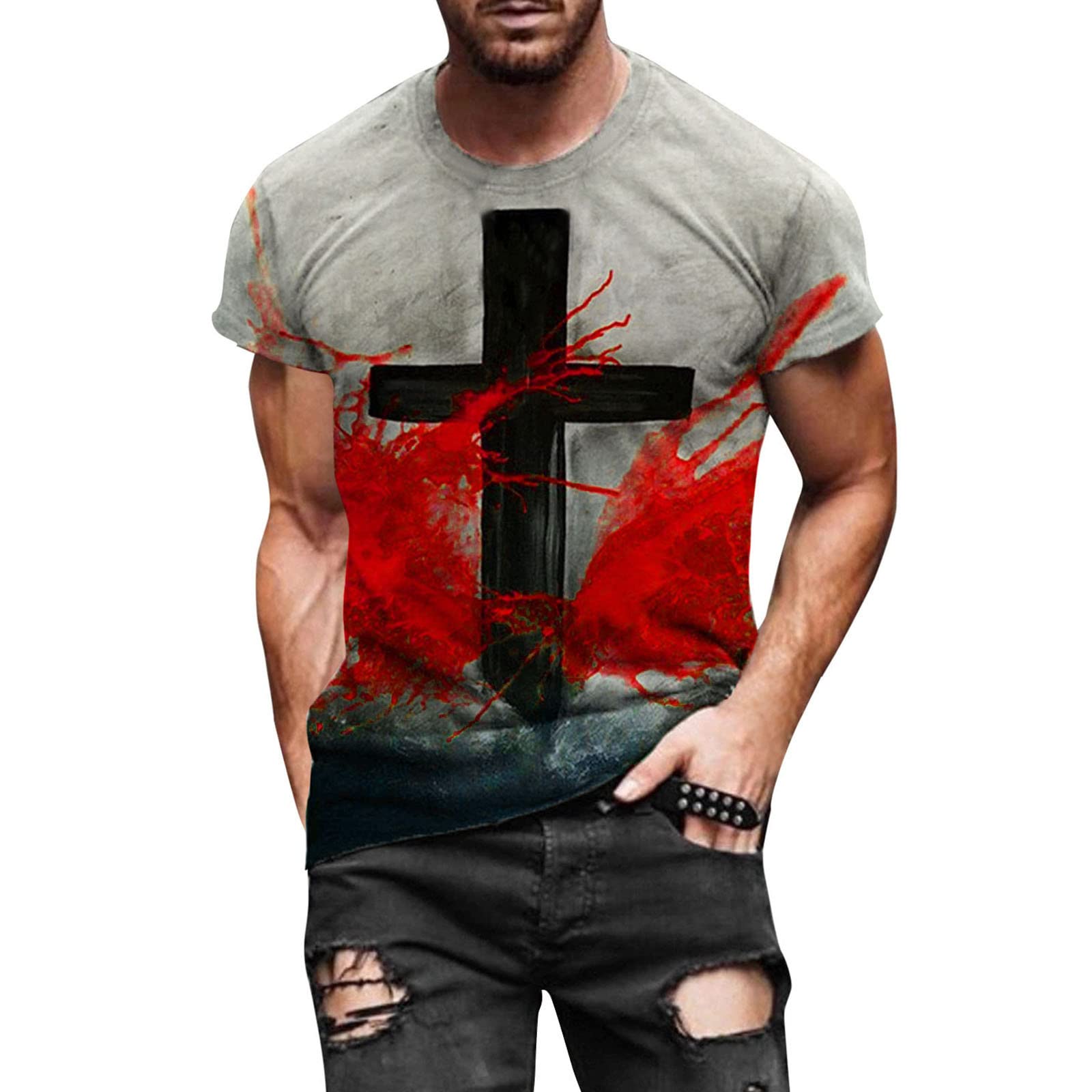 ZDFER Men's Short Sleeve T-Shirt - Jesus Cross Print Athletic Crewneck Tee for Workout, Streetwear & Casual Wear - Faith Inspired Spring Summer Top for Gym, Church & Everyday Outfits