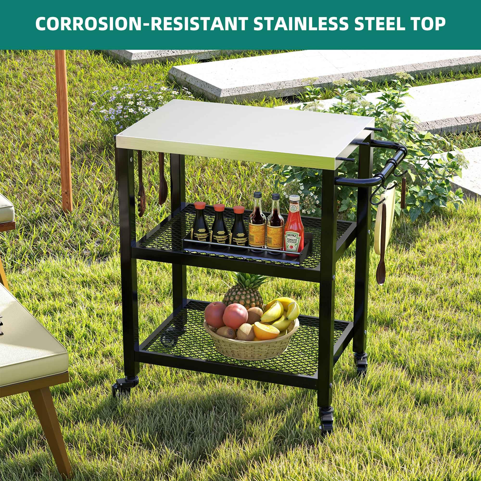 YITAHOME Outdoor Grill Table with Hooks & Side Handle - Portable BBQ Prep Cart for Pizza Oven, Patio, Garden & Kitchen - Durable Sliver & Black Design for Backyard Cooking & Entertaining