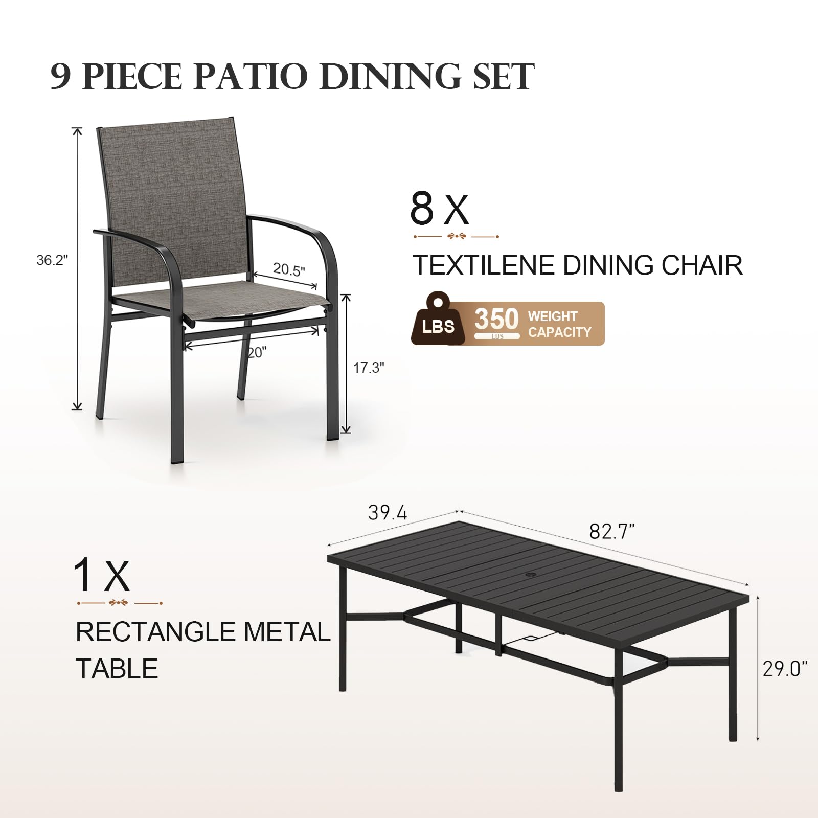 HERA'S HOUSE 9-Piece Outdoor Patio Dining Set - 8 Brown Textilene Chairs & 83