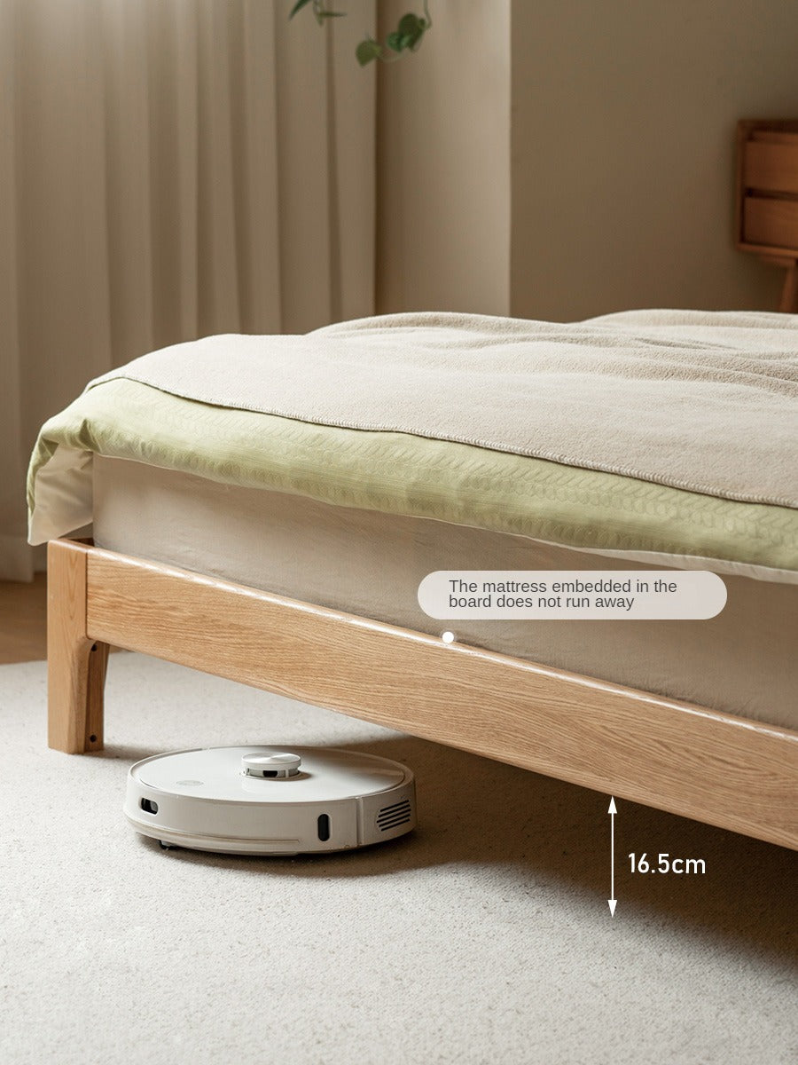 Solid Oak Wood Leather & Fabric Luminous Bed with Shelf - Modern Platform Bed Frame with Storage for Bedroom, Guest Room, or Dorm