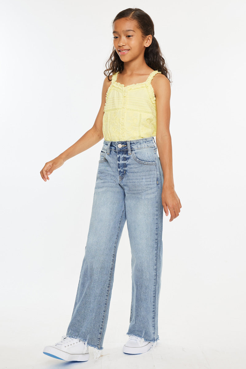 Bee High Rise Slim Wide Leg Jeans for Kids - Trendy & Comfortable Stretch Denim Pants for School, Play & Everyday Wear