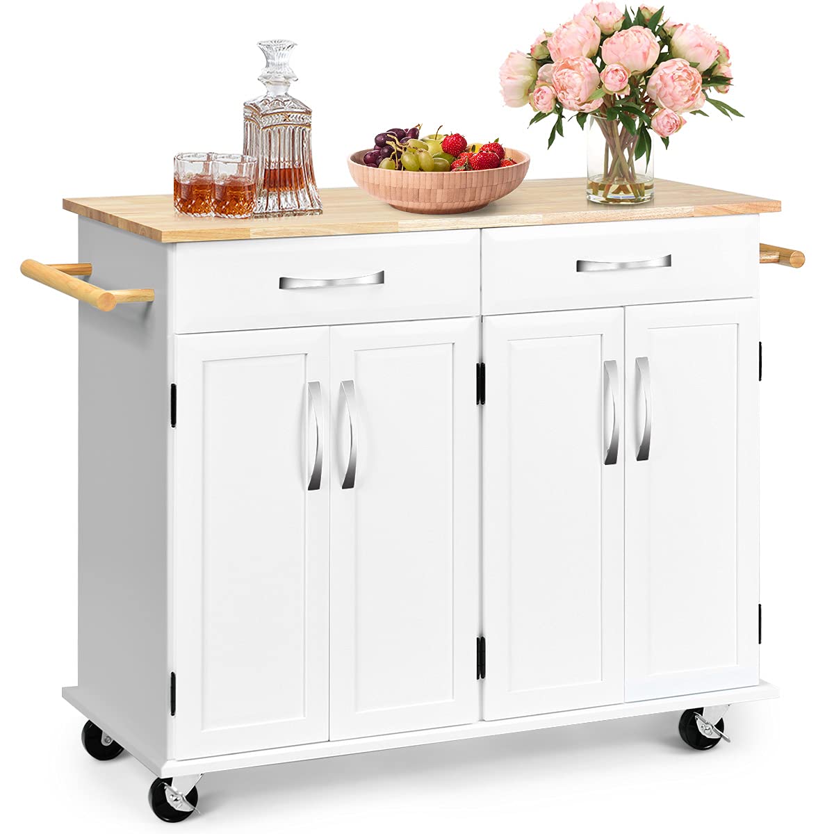 PETSITE Kitchen Island Cart with Storage Cabinet, Wheels, Butcher Block Table, Drawers & Towel Rack - Perfect for Small Kitchens, Food Prep, and Extra Counter Space