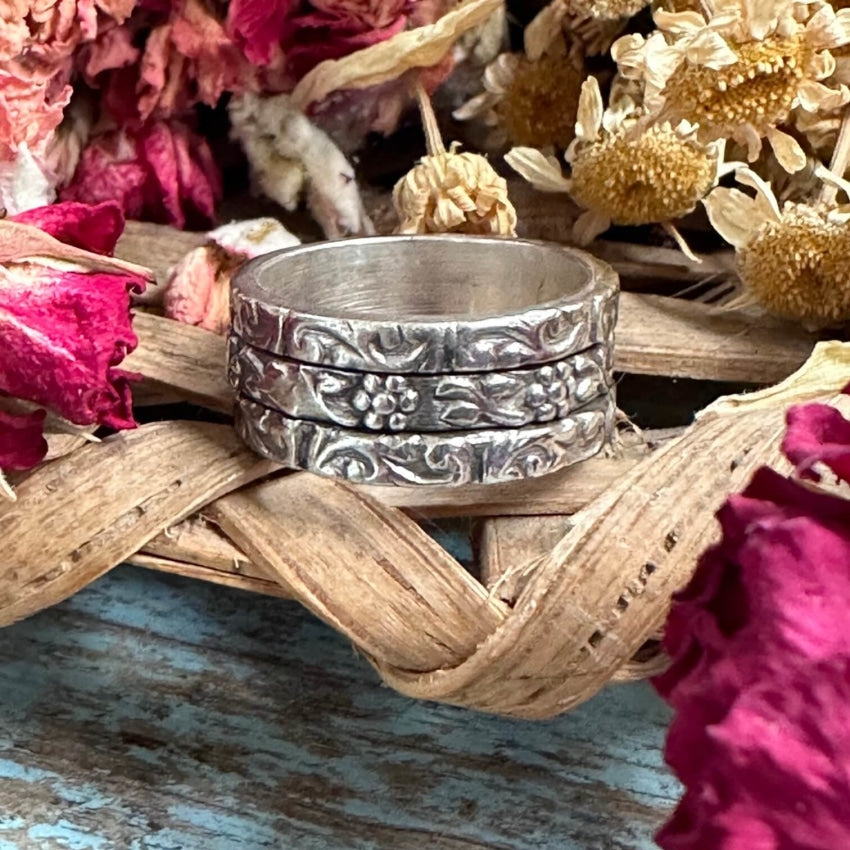 Elegant Sterling Silver Floral Wide Band Spinner Ring for Women | Adjustable Size 5 | Perfect for Meditation, Stress Relief & Fashion Accessories