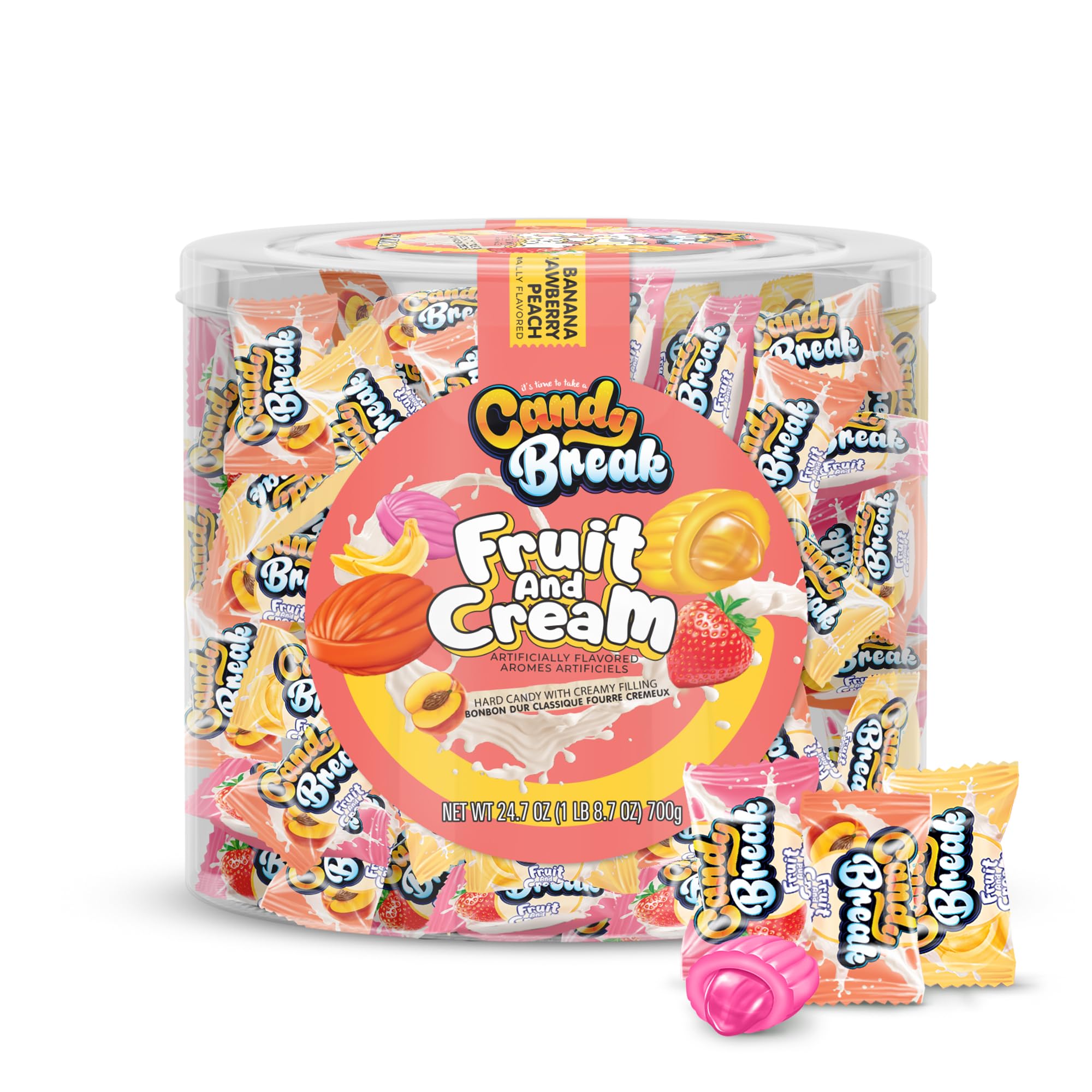 Fruit and Cream Hard Candy Variety Pack - Strawberry, Banana & Peach Flavored Center Filled Candy - 24.7 oz Bulk Bag for Sharing - Perfect for Office Snacks, Party Favors & Gift Baskets