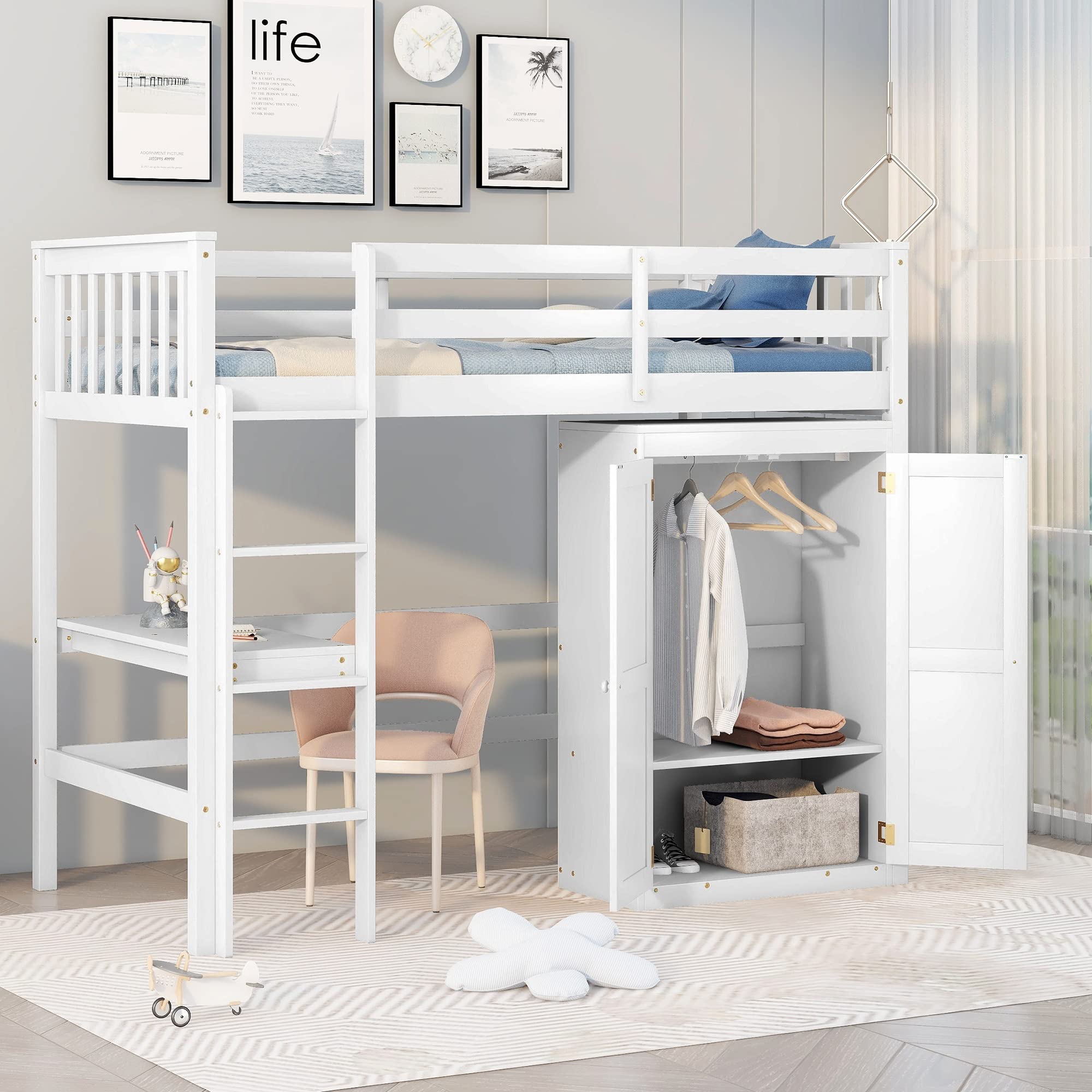 Twin Size Loft Bed with Desk & Storage Wardrobe - Wooden Junior Bed Frame for Kids, Teens, Boys & Girls - Space-Saving Study & Sleep Solution for Small Bedrooms - White