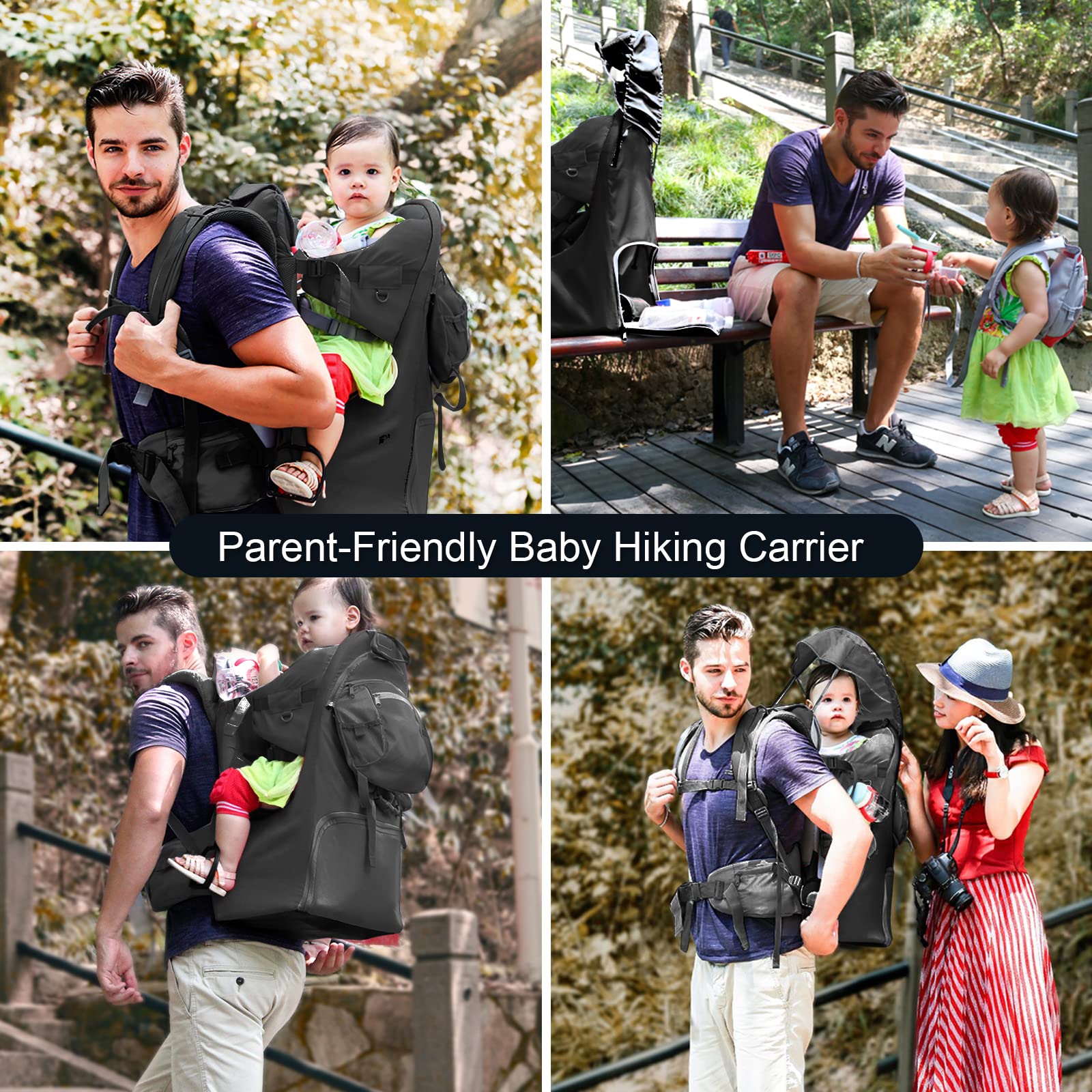 Baby Backpack Carrier for Hiking & Camping - Adjustable Padded Toddler Carrier with Rain Cover, Sun Shade & Large Storage Pockets | Safe Child Carrier for Outdoor Adventures, Travel & Daily Use
