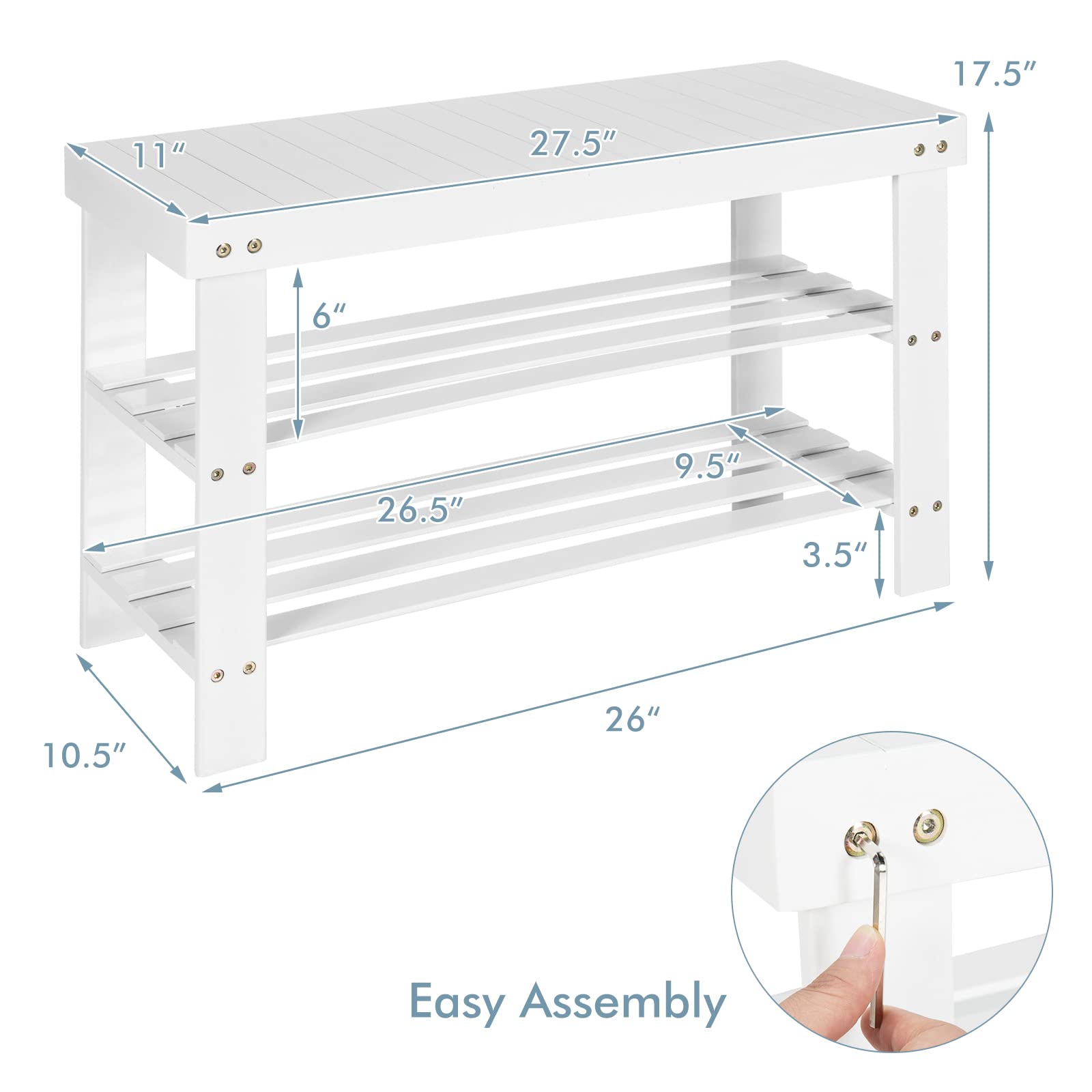 KOTEK 3-Tier Bamboo Shoe Rack Bench - Sturdy Entryway Shoe Organizer Shelf with 220 lbs Weight Capacity - Multi-Purpose Storage for Shoes, Boots & Accessories - Perfect for Hallway, Bathroom, Living Room & Bedroom (White)