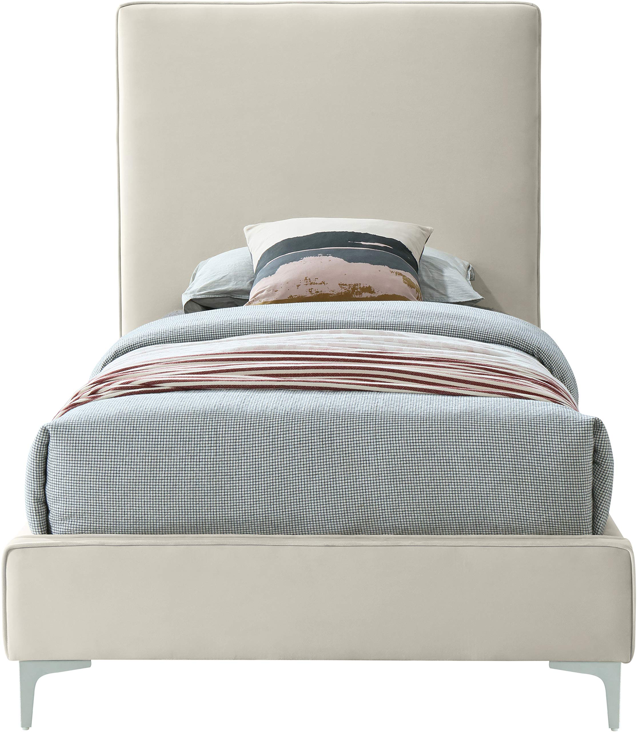 Meridian Furniture Geri Collection Modern Velvet Upholstered Bed - Twin Size Cream with Gold/Chrome Headboard | Luxury Bedroom Furniture for Contemporary Home Decor