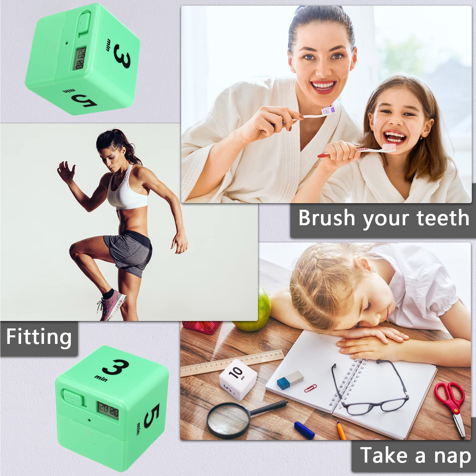 2-Piece Cube Timer Set with Gravity Sensor - 1/3/5/10 & 15/20/30/60 Minute Intervals (Green & Blue) - Perfect for Kids' Workouts, Classroom Activities, and Family Game Time Management
