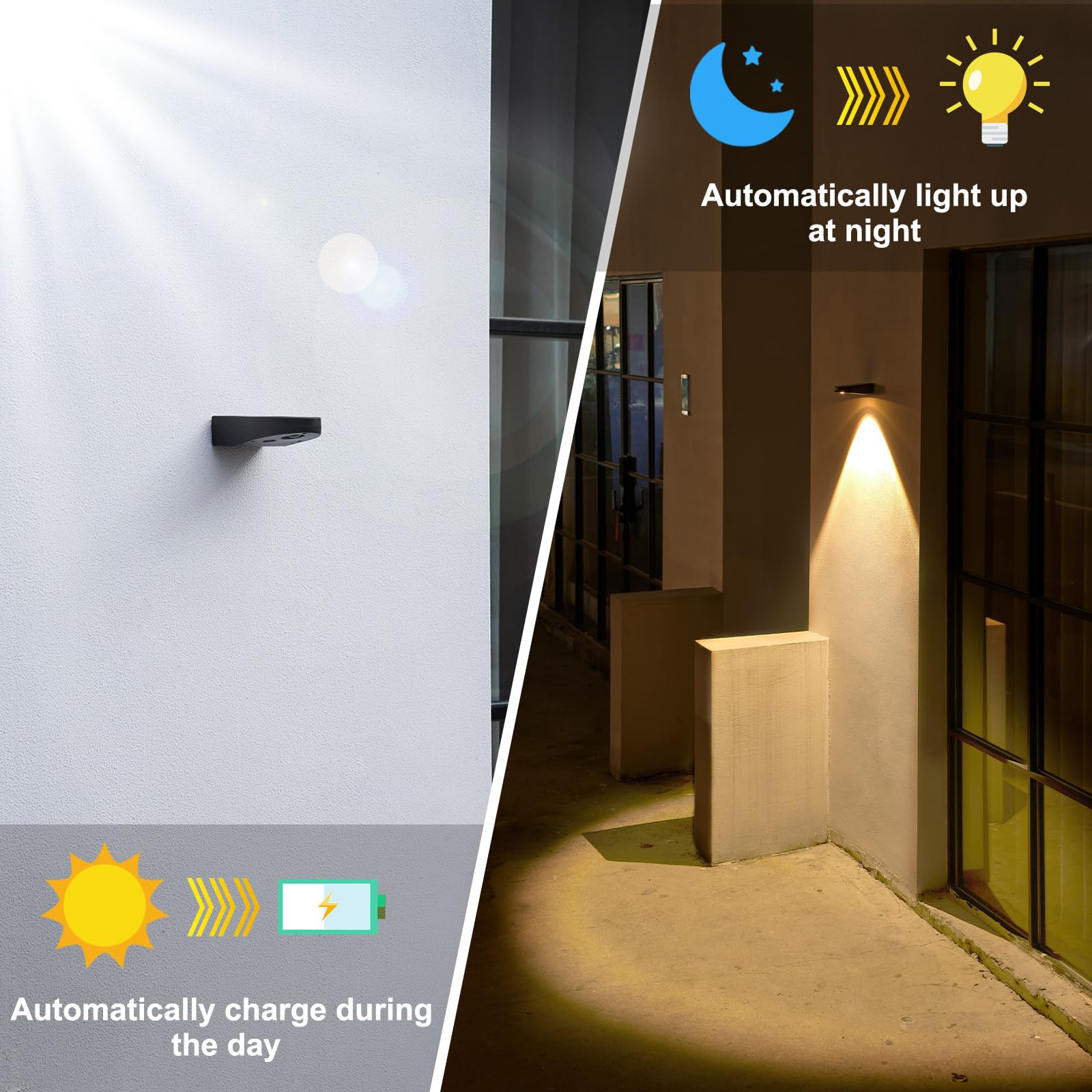 Solar Fence Lights Outdoor - Waterproof Solar Wall Sconce with Dusk to Dawn Sensor (Warm White, 2 Pack) - Perfect for House Numbers, Garage, Porch, Garden & Pathway Lighting
