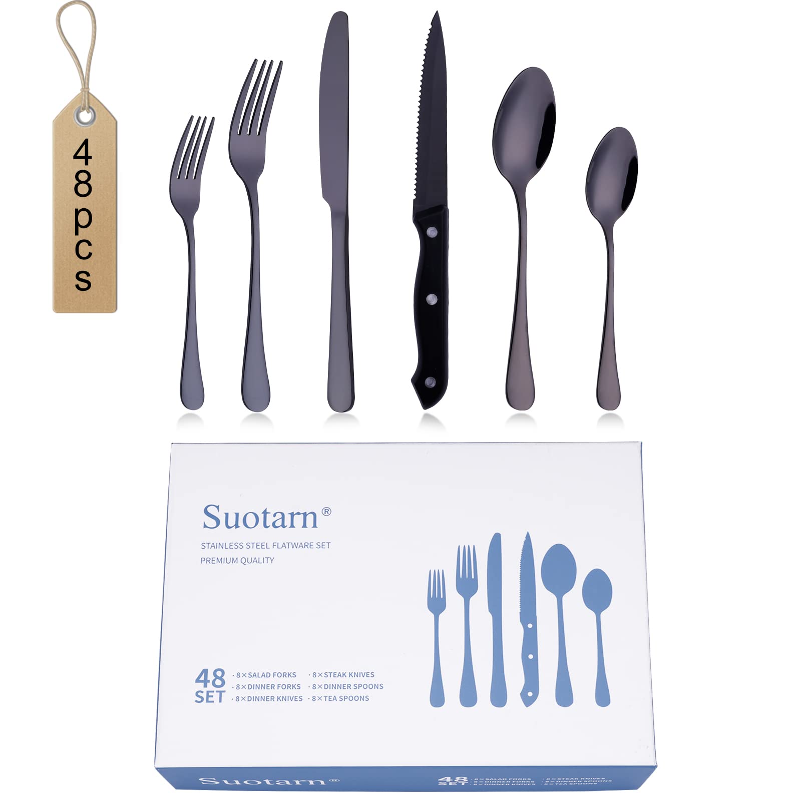 48-Piece Black Silverware Set with Steak Knives - Suotarn Premium Stainless Steel Flatware Set for 8 - Elegant Cutlery Set for Restaurant, Home & Party Use - Includes Forks, Knives & Spoons - Dishwasher Safe - Perfect for Dining, Entertaining & Everyday Meals