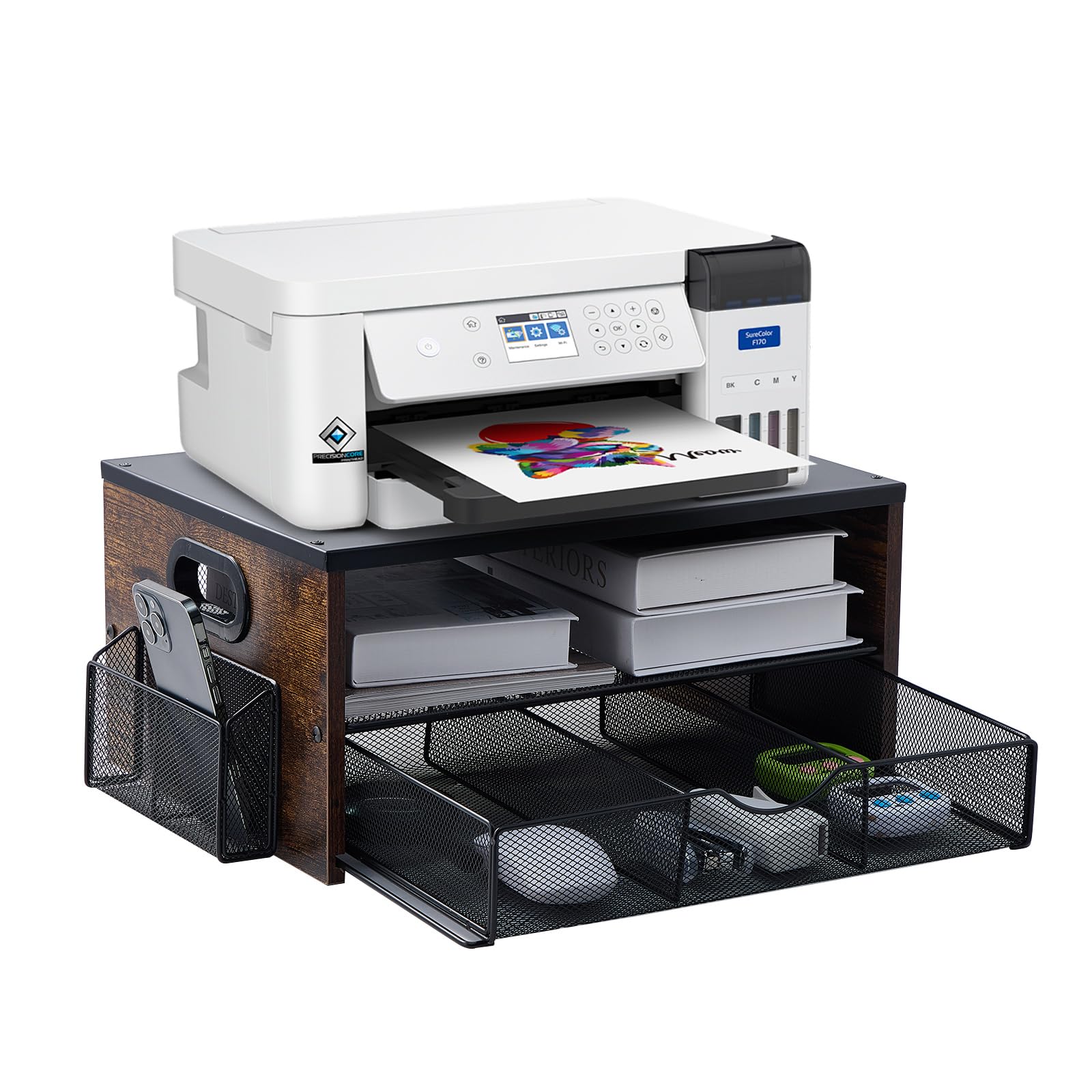 2-Tier Printer Stand with Drawer & Pen Holders - Home Office Desk Organizer for Fax Machine, Scanner & Files - Compact Workspace Storage Solution for Small Spaces