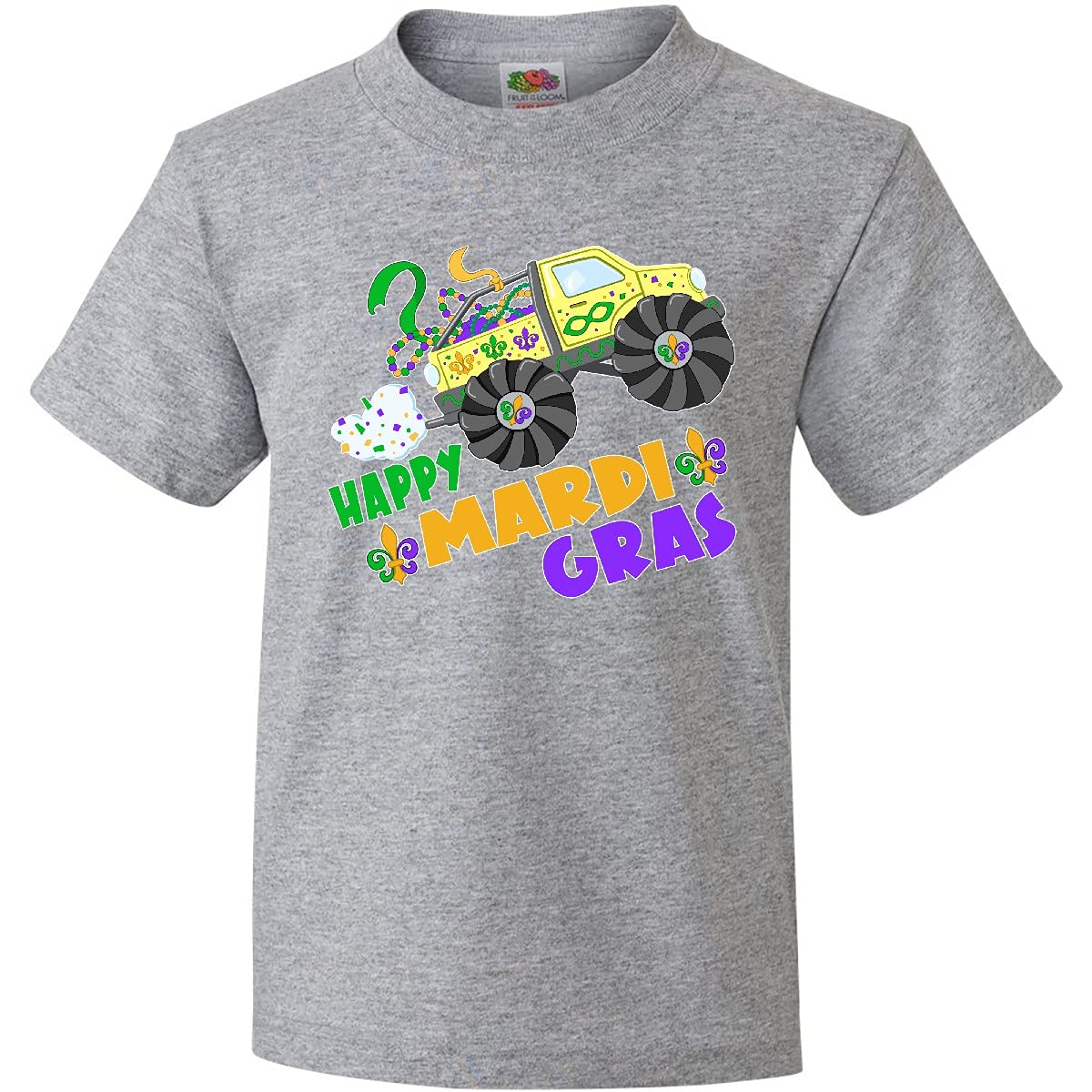 Inktastic Happy Mardi Gras Monster Truck with Beads Youth T-Shirt | Fun Carnival Party Outfit for Kids | Festive Holiday Celebration Apparel