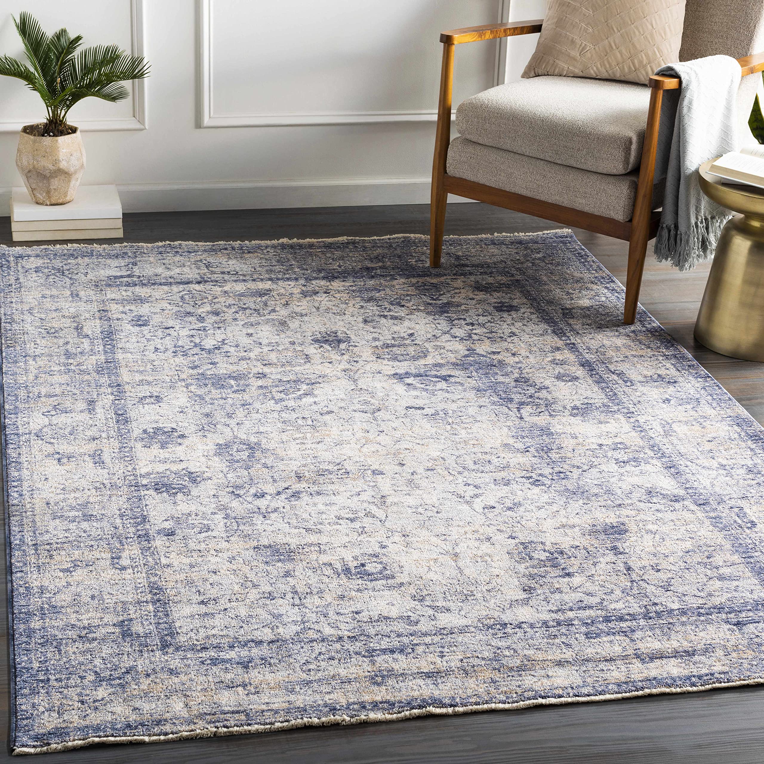 Hauteloom Accokeek Traditional Blue and Beige Area Rug 8' x 10' - Soft Living Room & Bedroom Carpet for Home Decor - Perfect for Cozy Spaces, Family Gatherings, and Relaxing Evenings
